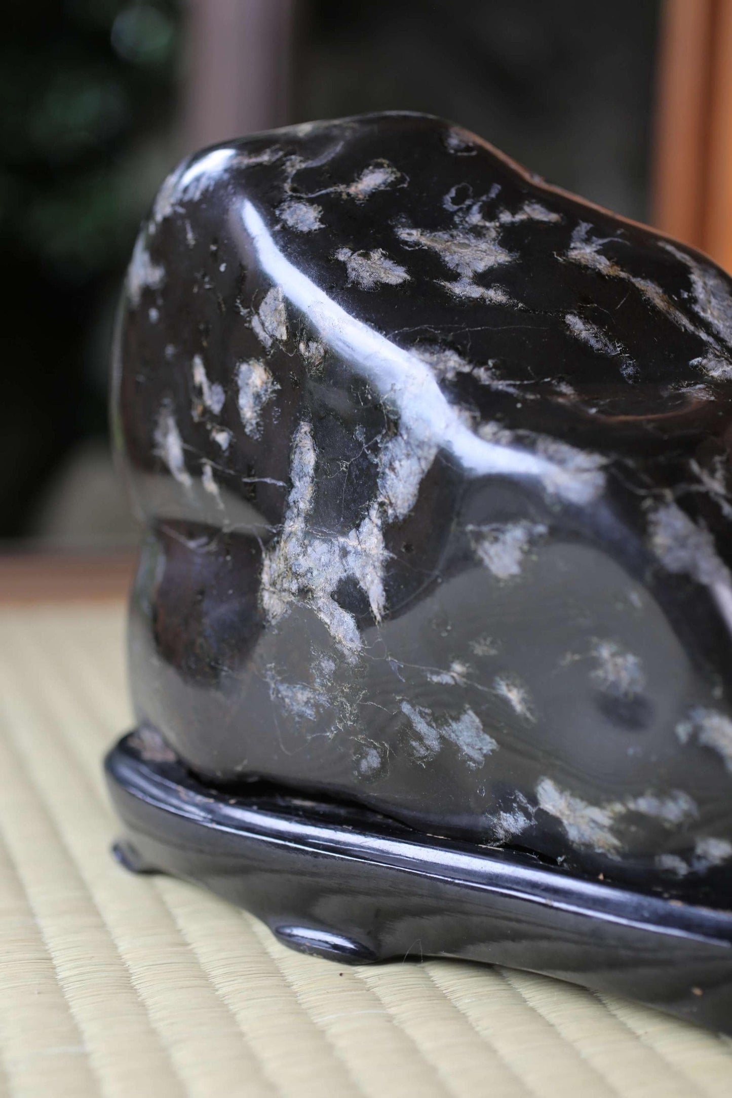 A close-up image of a black, speckled rock or stone, possibly a piece of jade or a similar natural stone, placed on a wooden surface.