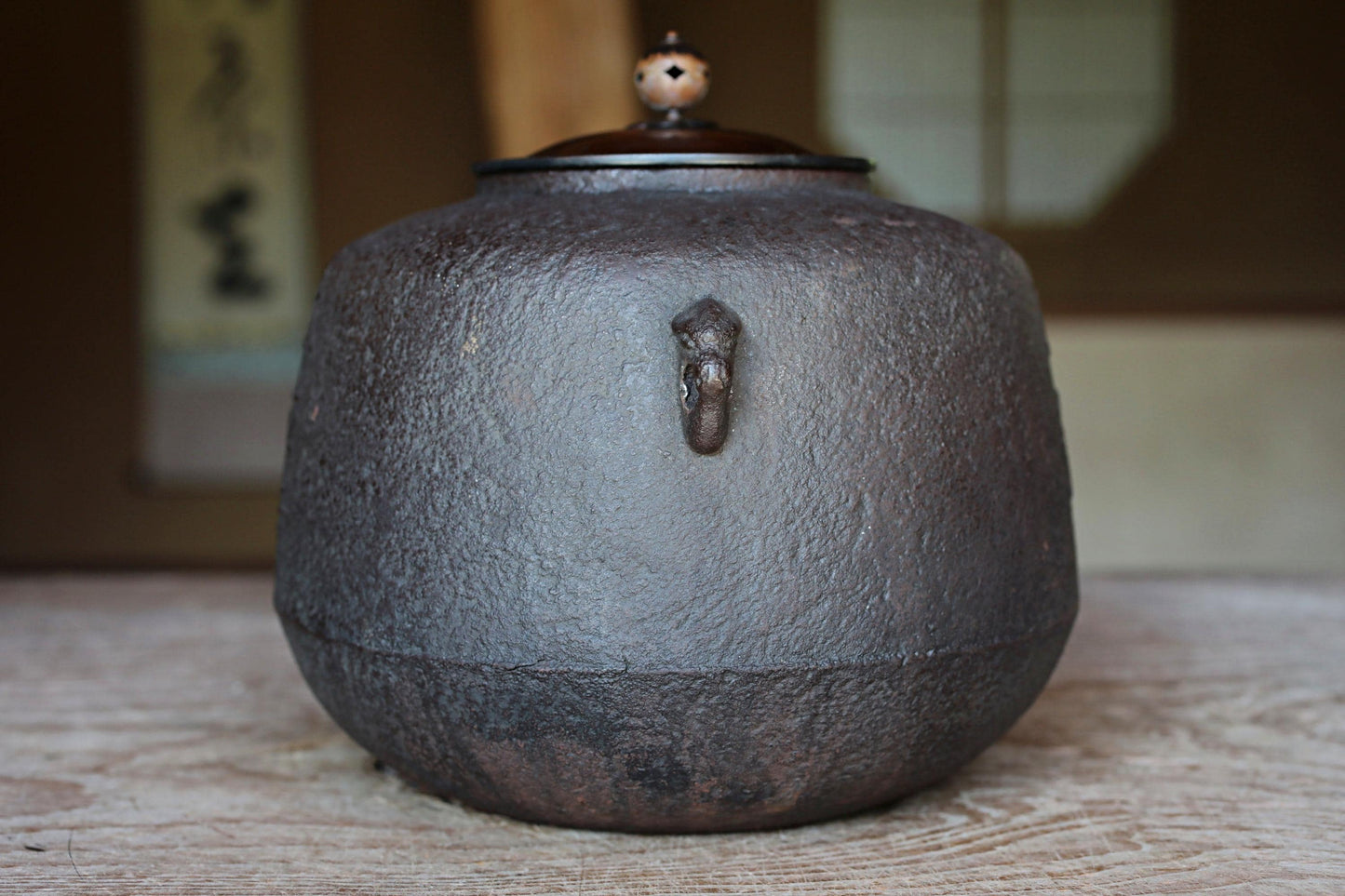 Japanese Cast Iron Kettle - Vintage Kyoto Temple Tea Ceremony Kettle with Copper Lid
