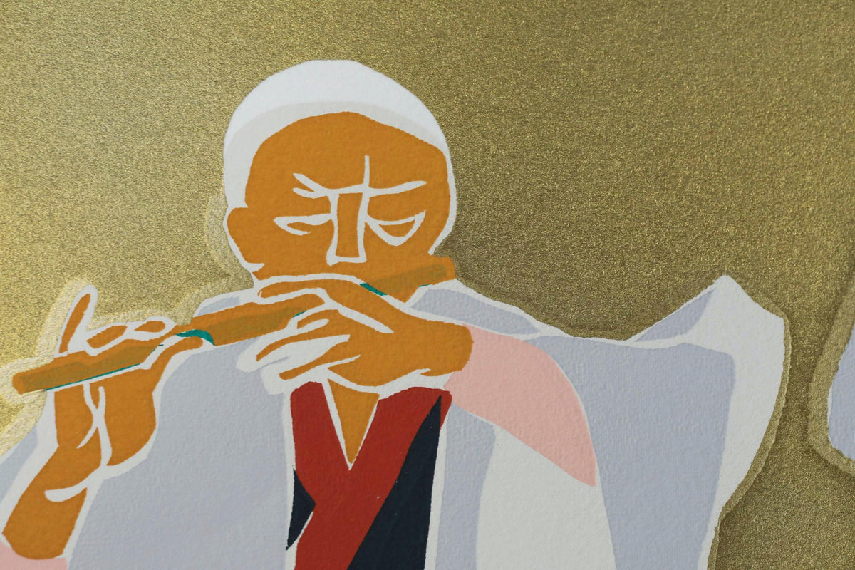 a person playing a flute, with a focus on the person's face and hands.