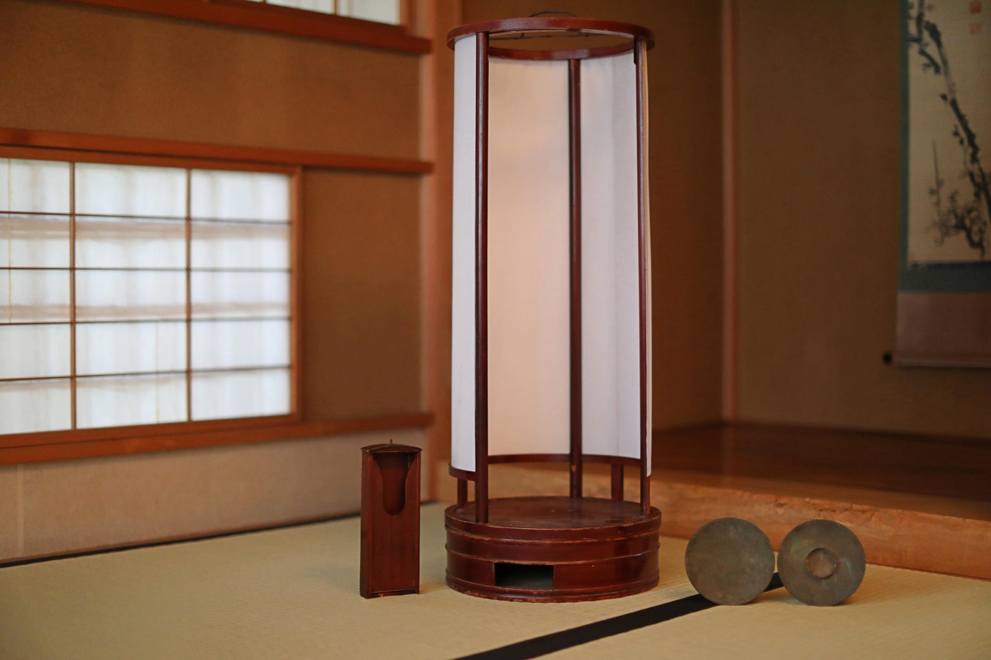 Japanese Antique Lantern - 1800s Urushi Wood Andon With Washi Paper Shade