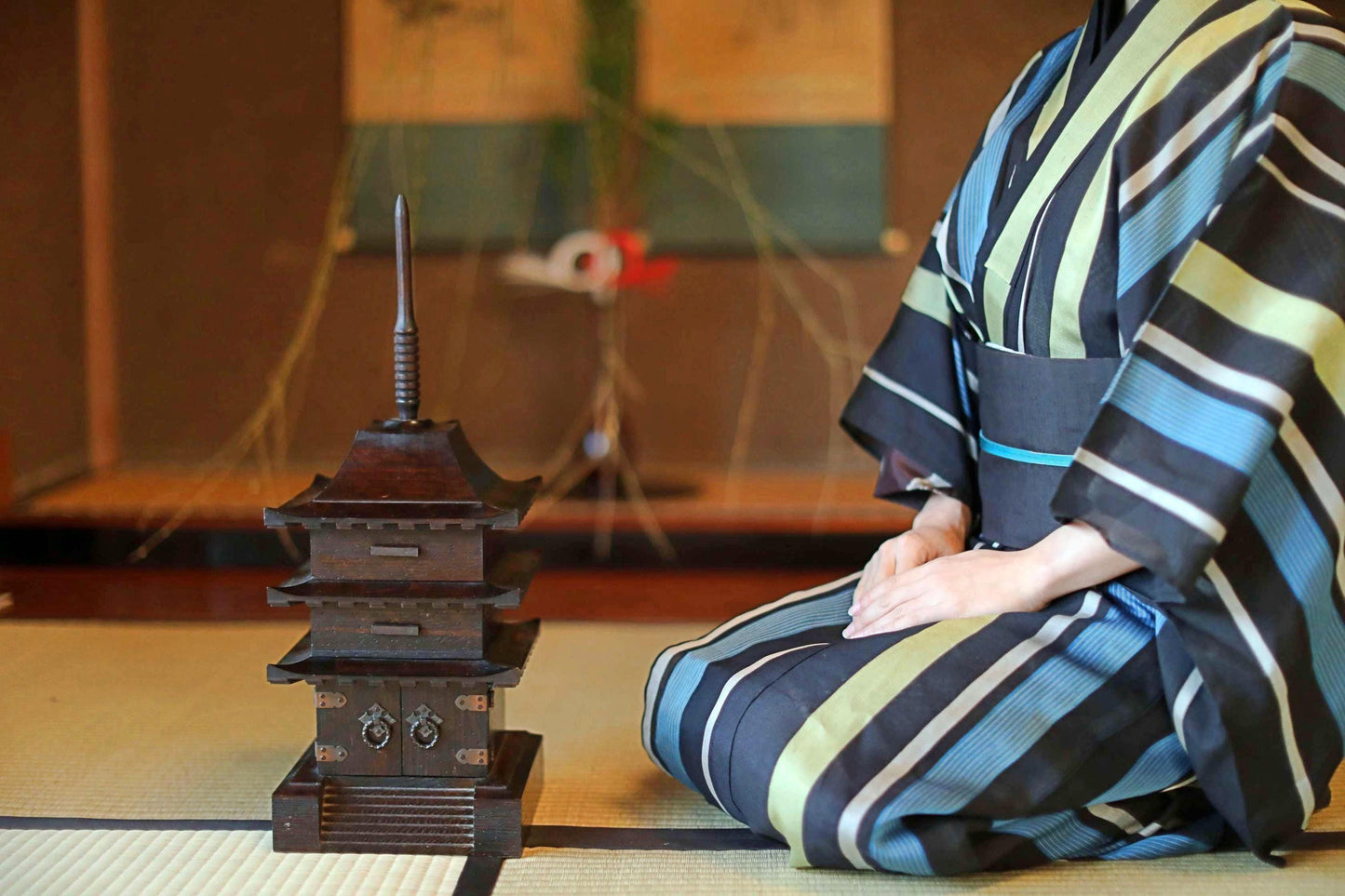 Wooden Pagoda Chest - Japanese Three Tier Drawer with Buddhist Decor Storage