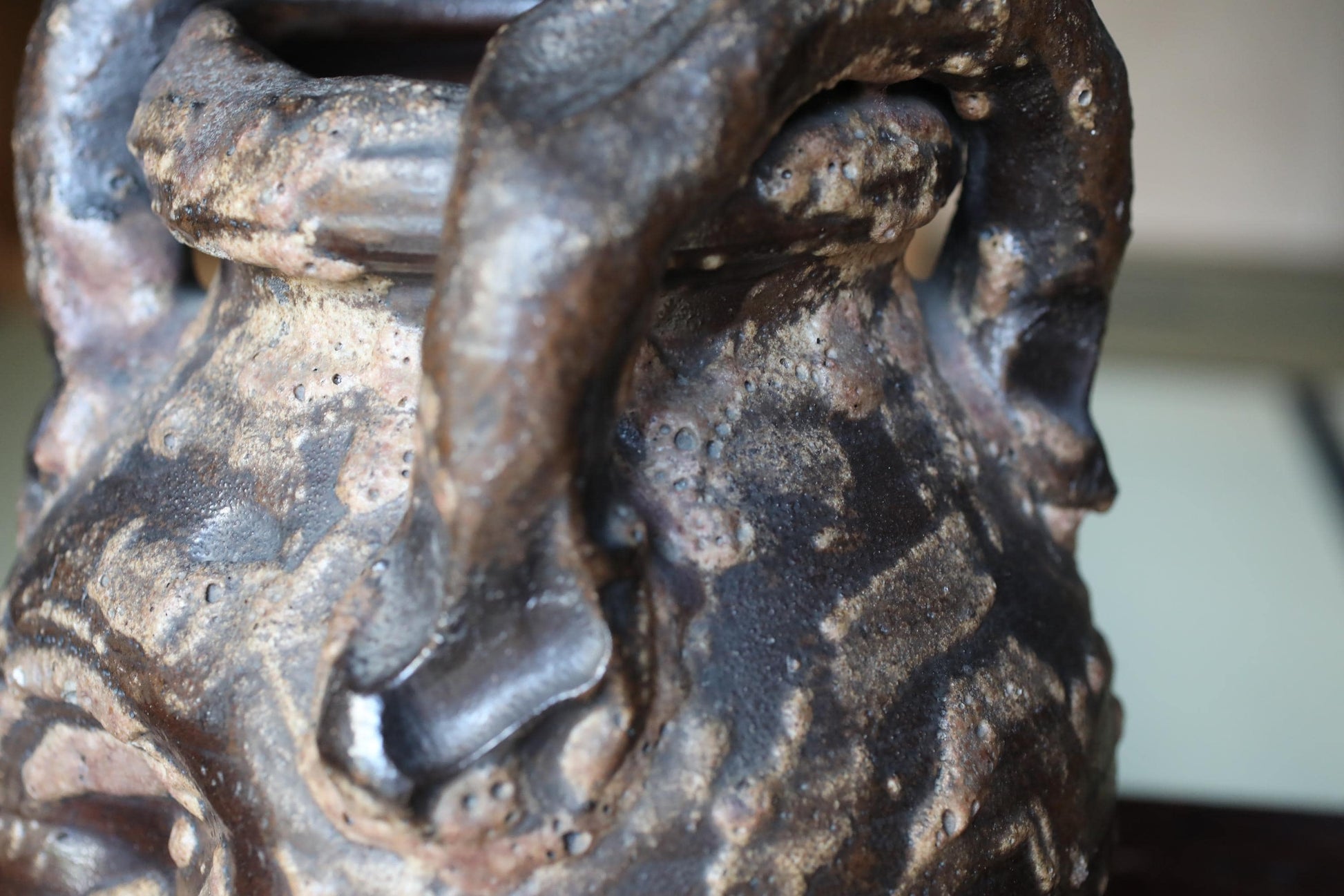 A close-up view of a dark, textured ceramic vase with a unique, organic shape.
