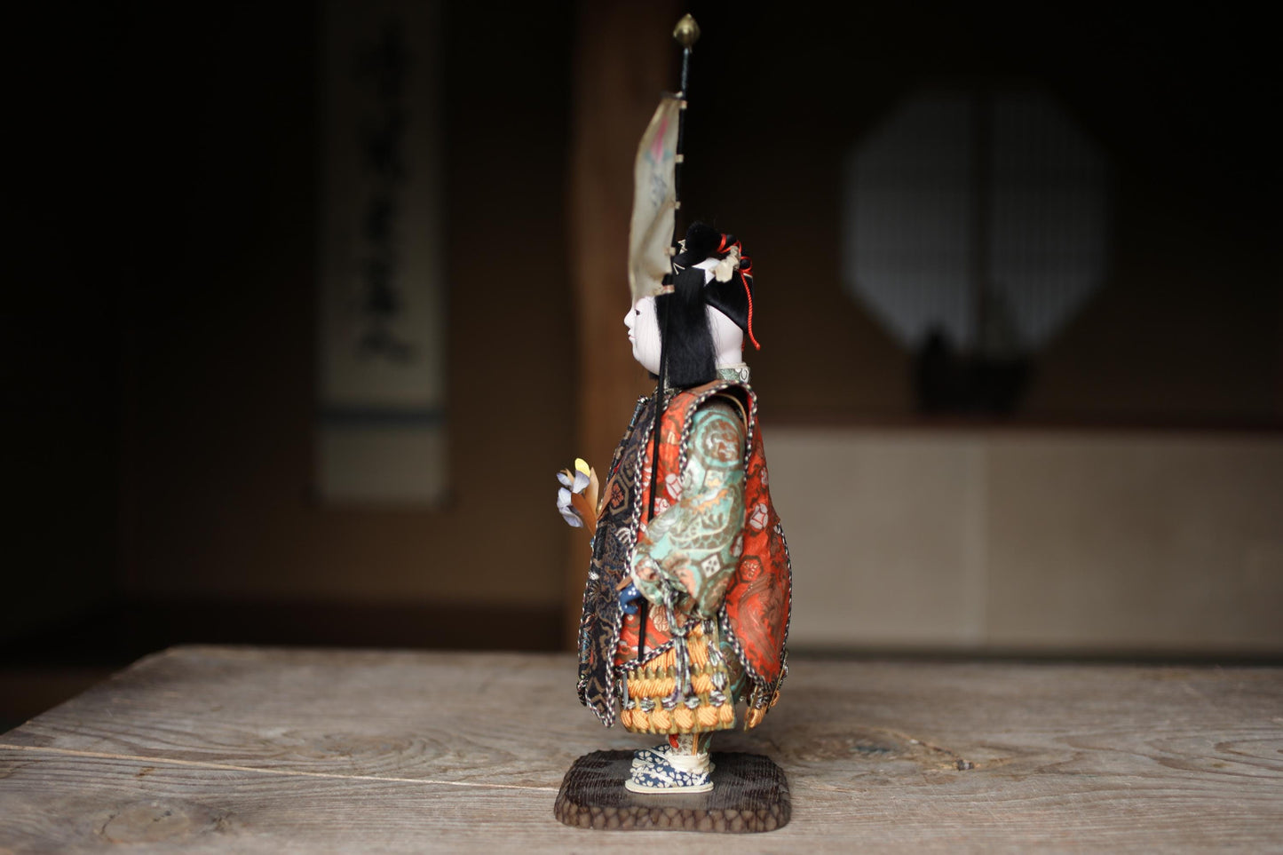 Vintage Kabuki Doll - 1960s Momotaro Wooden Doll With Silk Kimono Gift Box