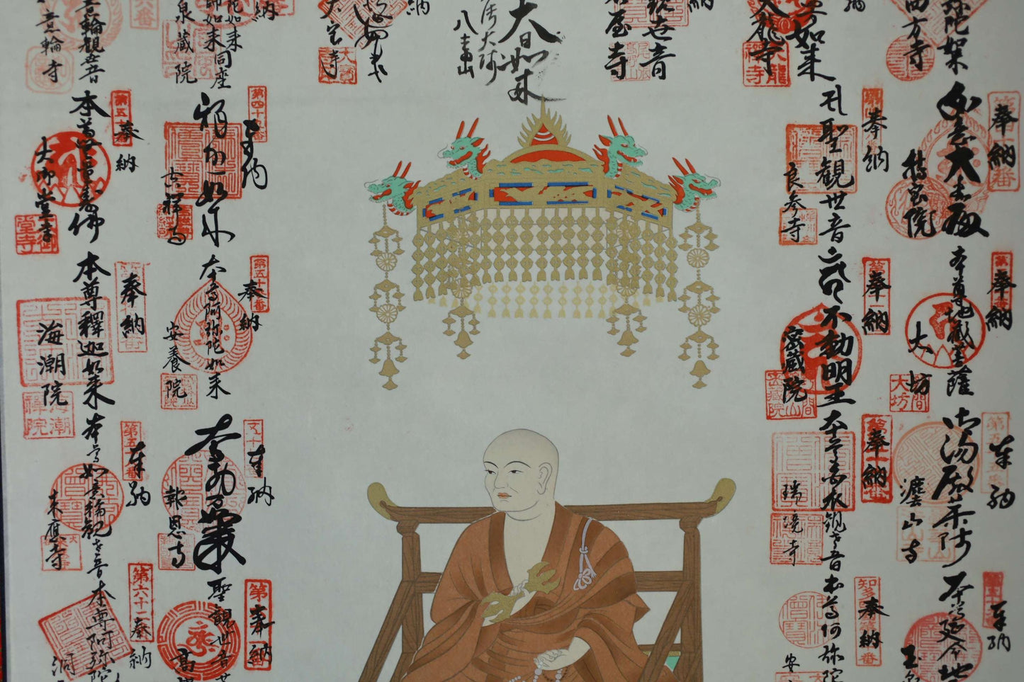 Japanese Vintage Kakejiku Hanging Scroll Art – Shikoku Pilgrimage Stamps with Wooden Box
