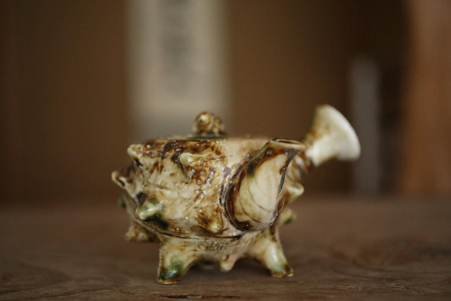 Vintage Ceramic Teapot - Japanese Sencha Tea Pot with Turban Shell Design & Green Oribe Glaze