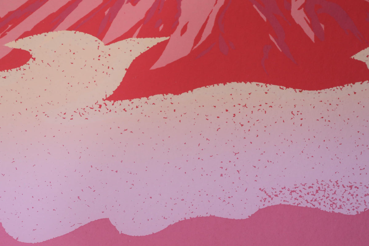 The image is a vibrant abstract artwork with bold red and pink hues, featuring a textured and speckled appearance.