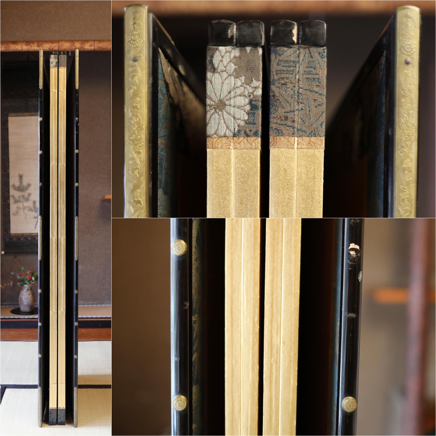 Japanese Folding Screen - Antique Byobu Screen with Gold Leaf Clouds & 1800s Art