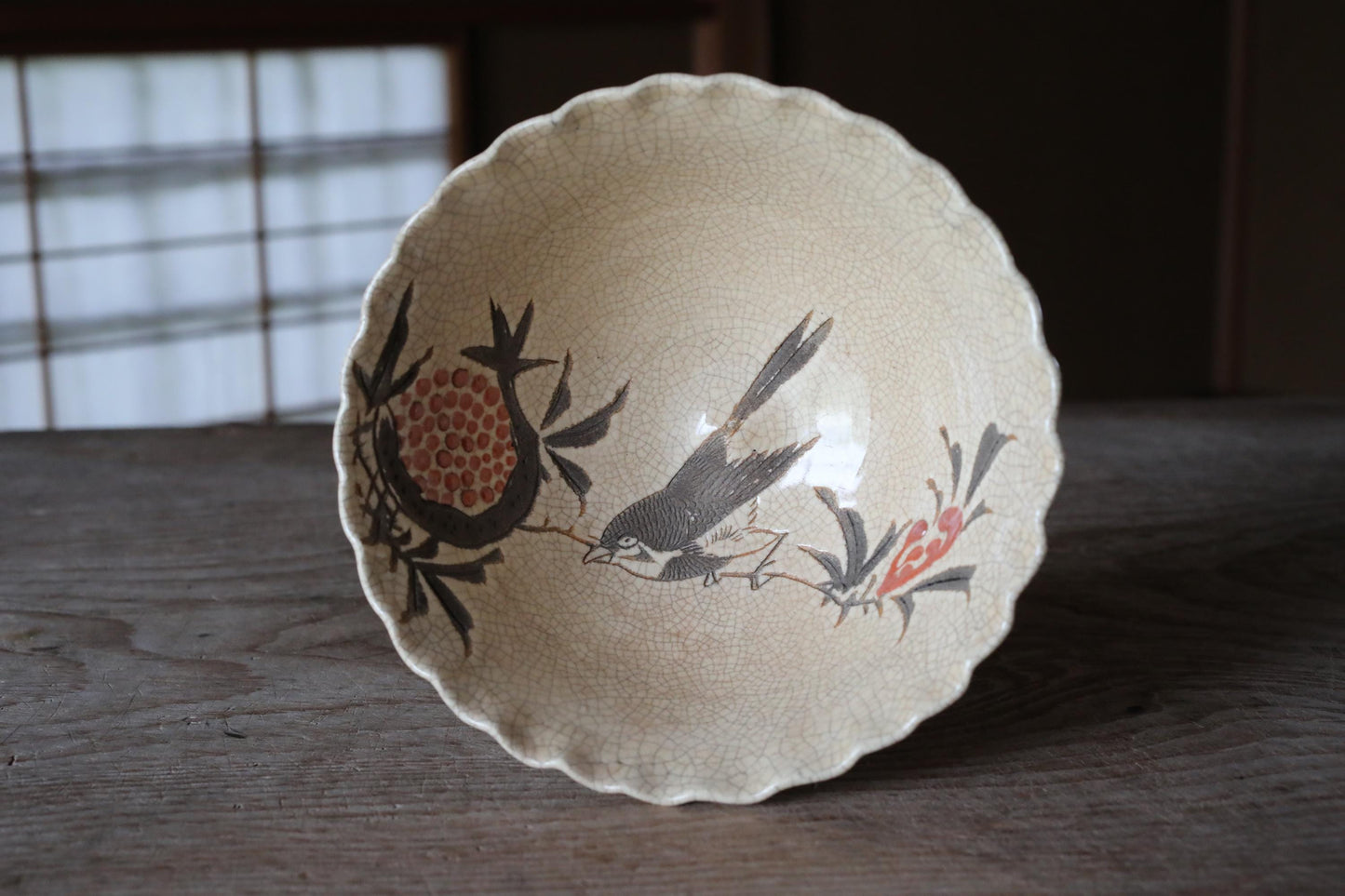 Shino Plates Set - Japanese Antique Tableware | Bird Pomegranate Design, 5 Handmade Ceramic Plates