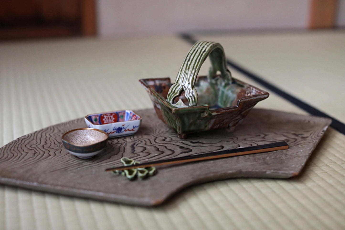 Oribe Ceramic Plate – Japanese Tea Dish with Handle | Antique Pottery Art