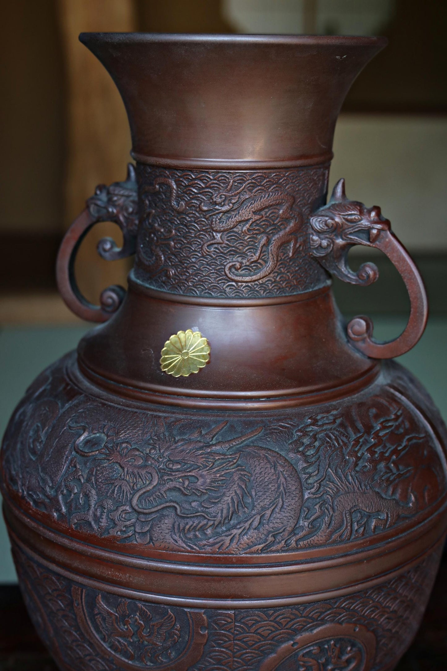 Japanese Bronze Vase – Vintage Dragon Phoenix Relief | Takaoka Copper Art 1950s