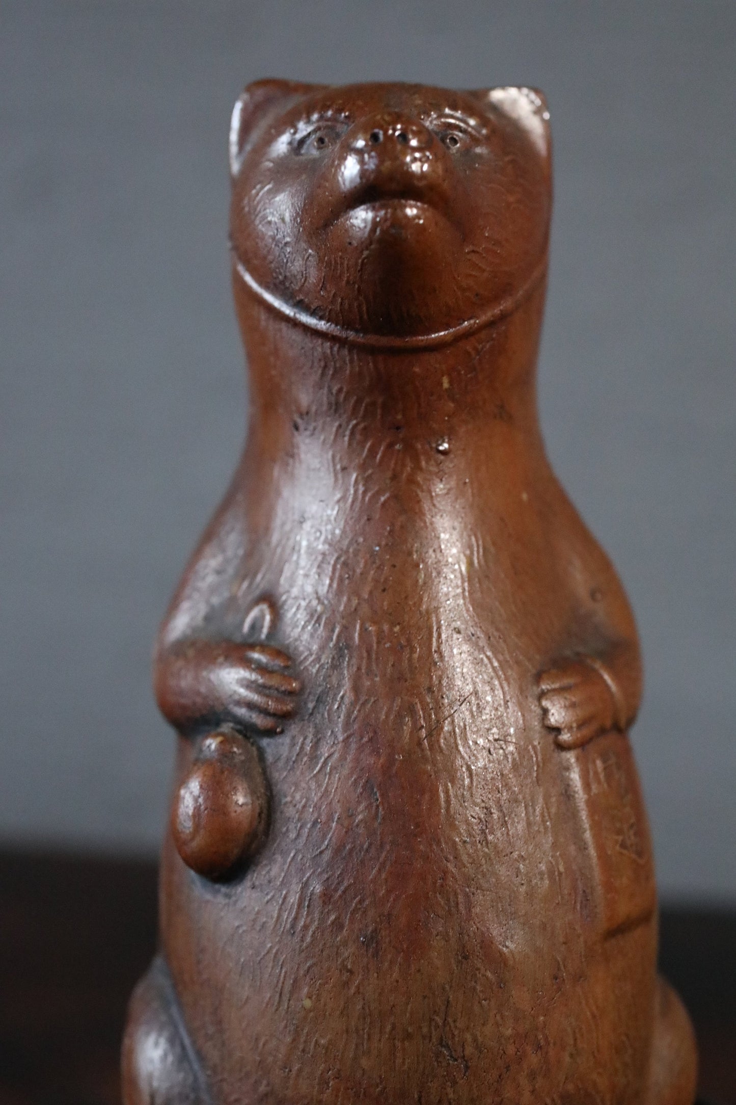 Bizen Ware Sake Bottle - Antique Japanese Pottery Tokkuri with Raccoon Dog Ornament