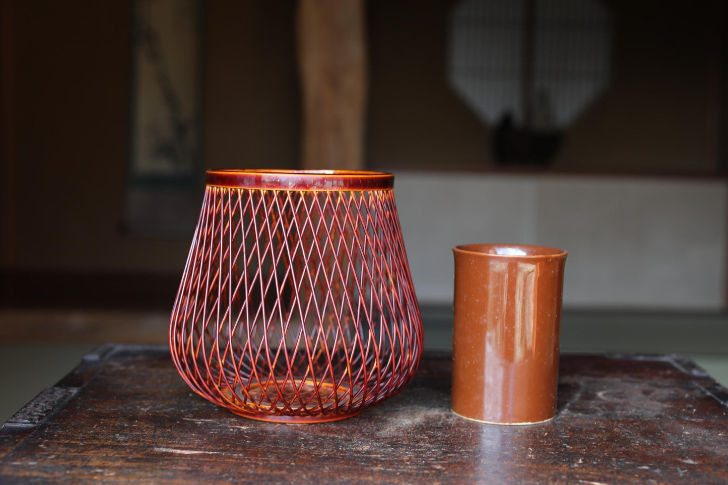 Japanese Bamboo Basket - Vintage Woven Bamboo Vase with Ceramic Ikebana Holder