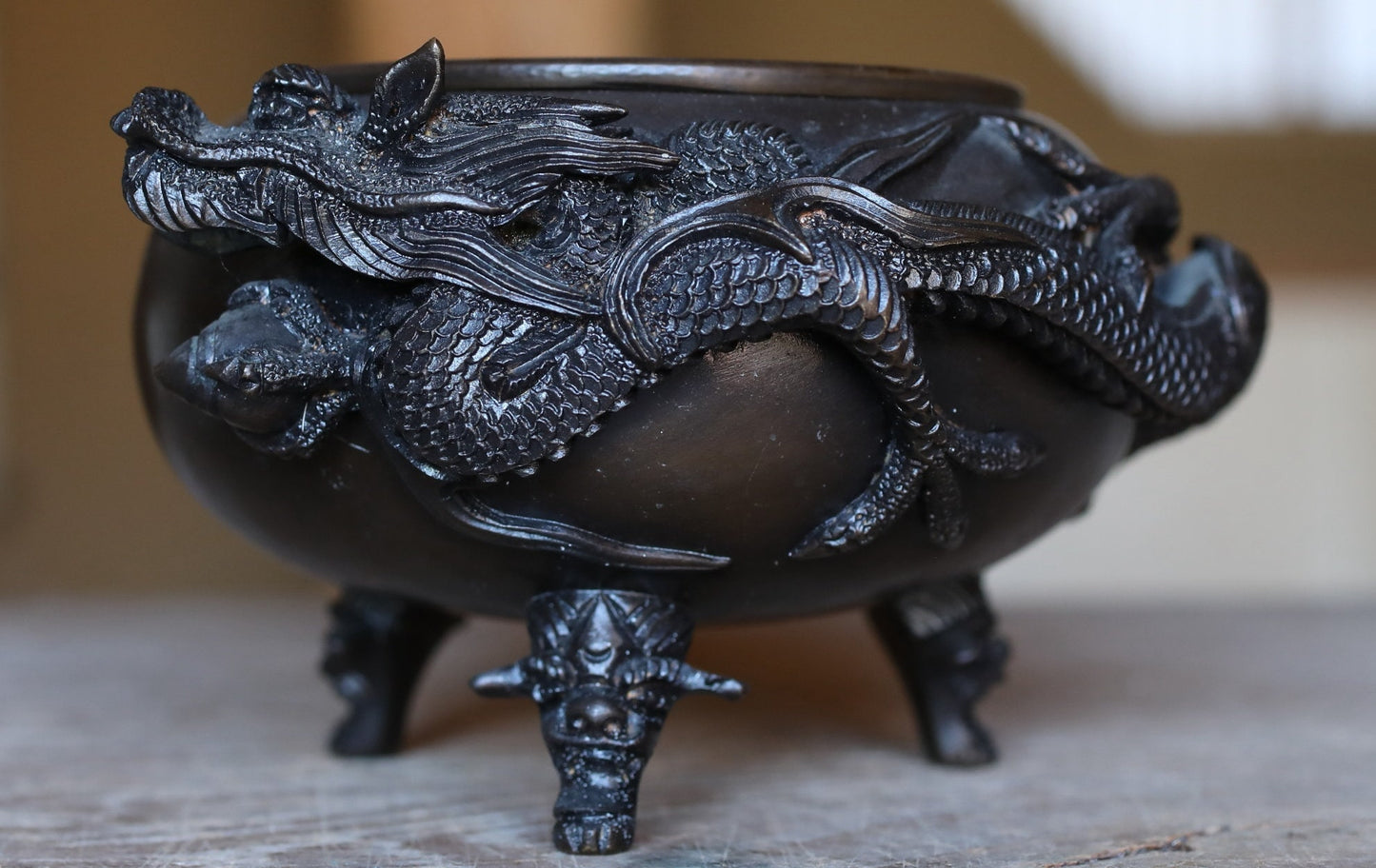 Japanese Dragon Censer - Antique Bronze Incense Burner with Feng Shui Dragon Decor