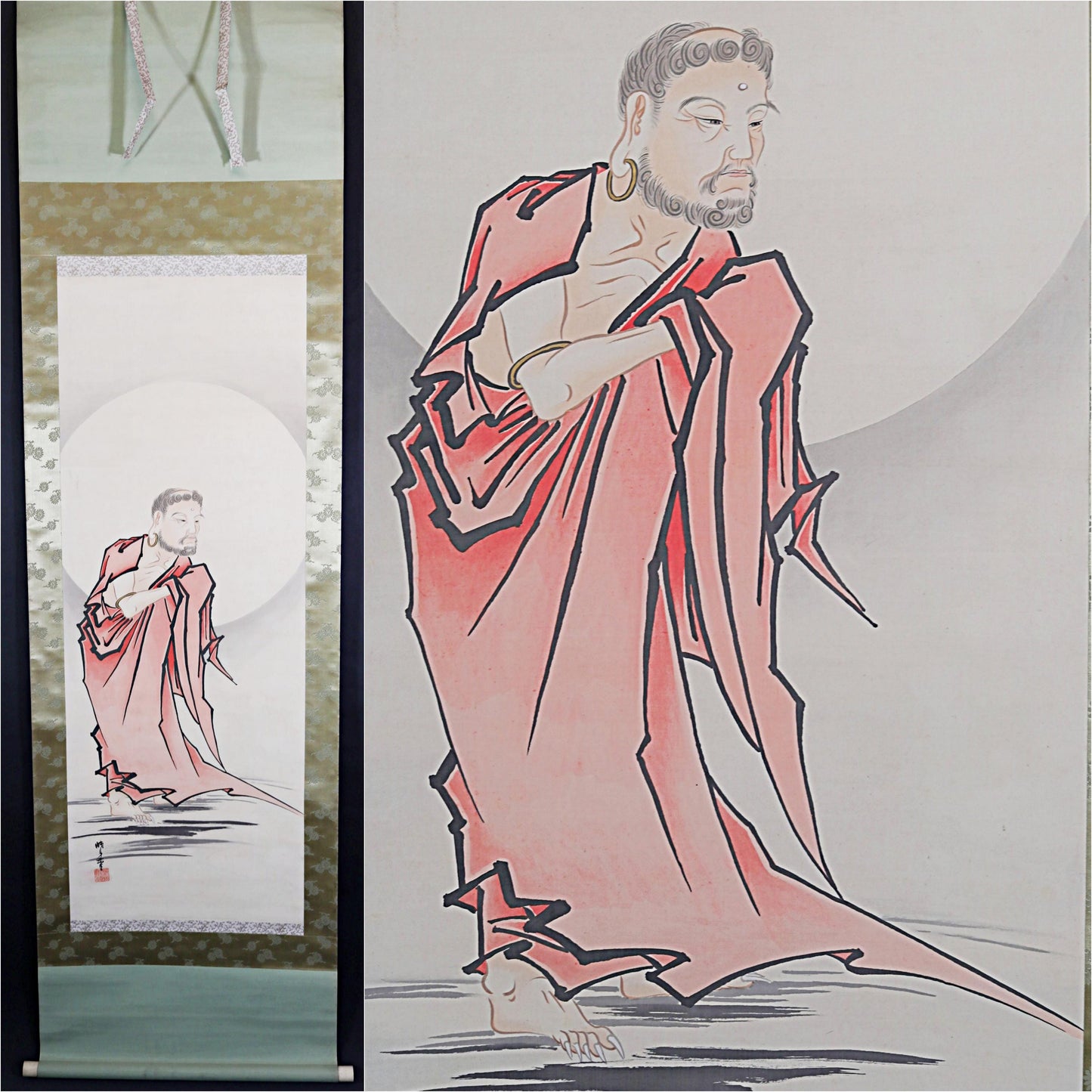 Japanese Zen Daruma Scroll - Vintage Hand Painted Buddhist Monk Portrait by Nagai Gyougetsu