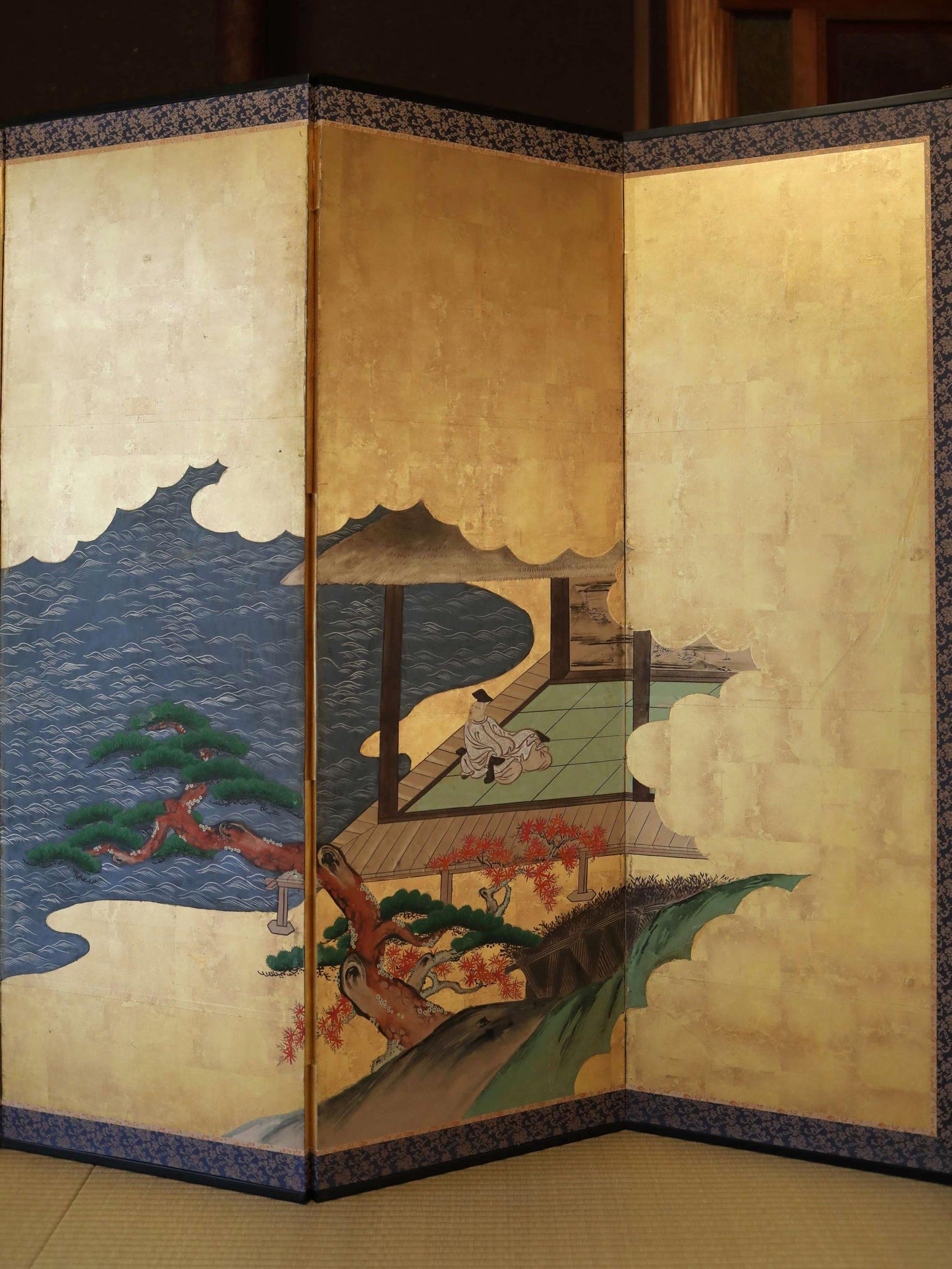 Antique Japanese Byobu - 1700s Tale of Genji Folding Screen Art with Gold Leaf