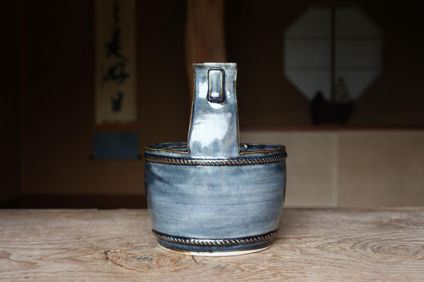 Japanese Vintage Flower Vase - Kiyomizu-Yaki Pottery Indigo Ceramic Teoke Design