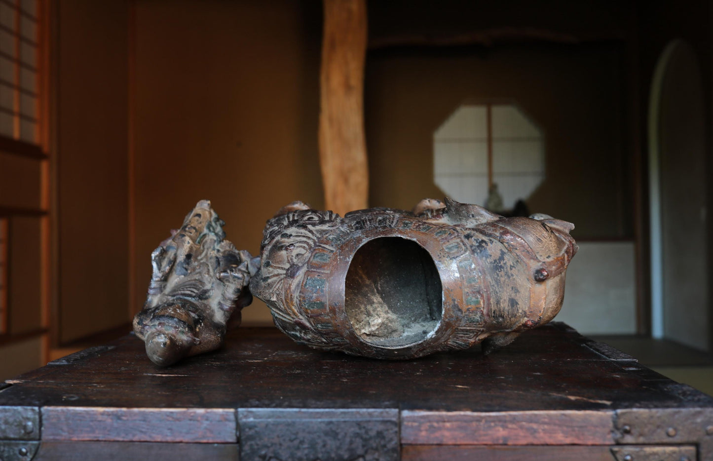 Antique Bronze Censer - Large Japanese Temple Incense Burner | Samantabhadra Statue