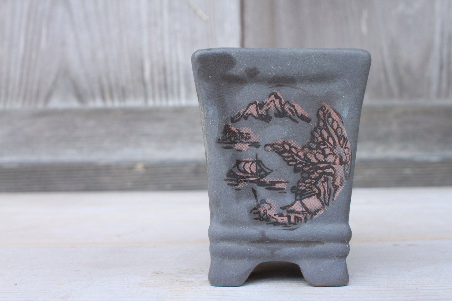 Mini Bonsai Pot - Japanese Vintage Matte Black Ceramic Square Planter with Kanji Signature