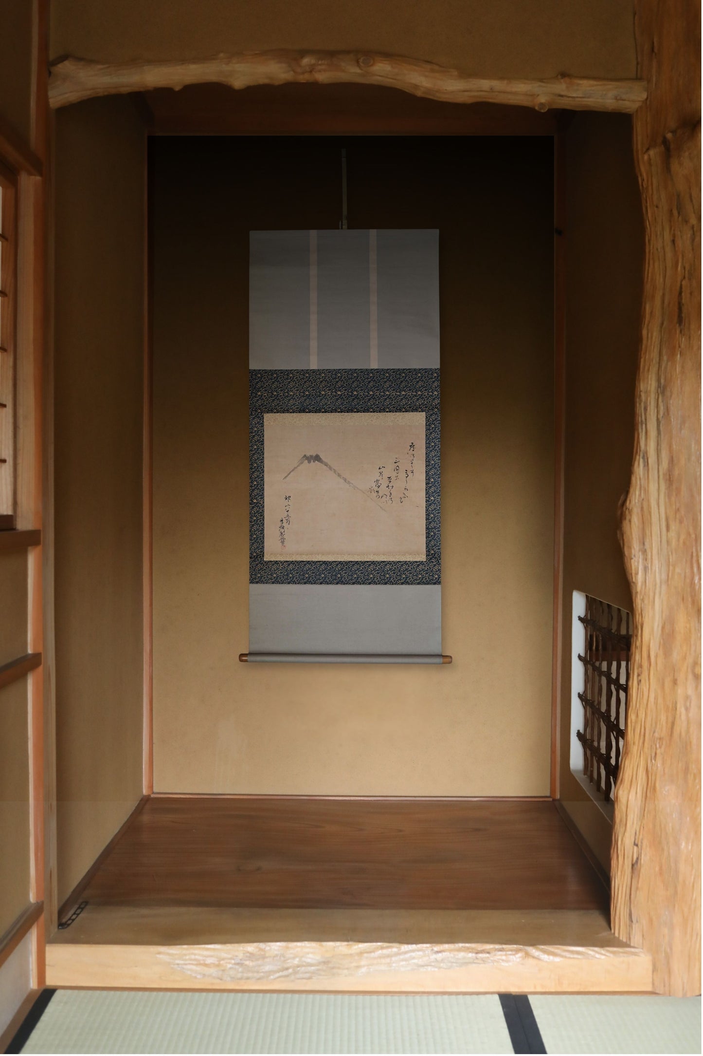 Antique Japanese Zen Scroll: Mt. Fuji Ink Painting, Kanji Calligraphy, Bamboo Rollers (Boxed)