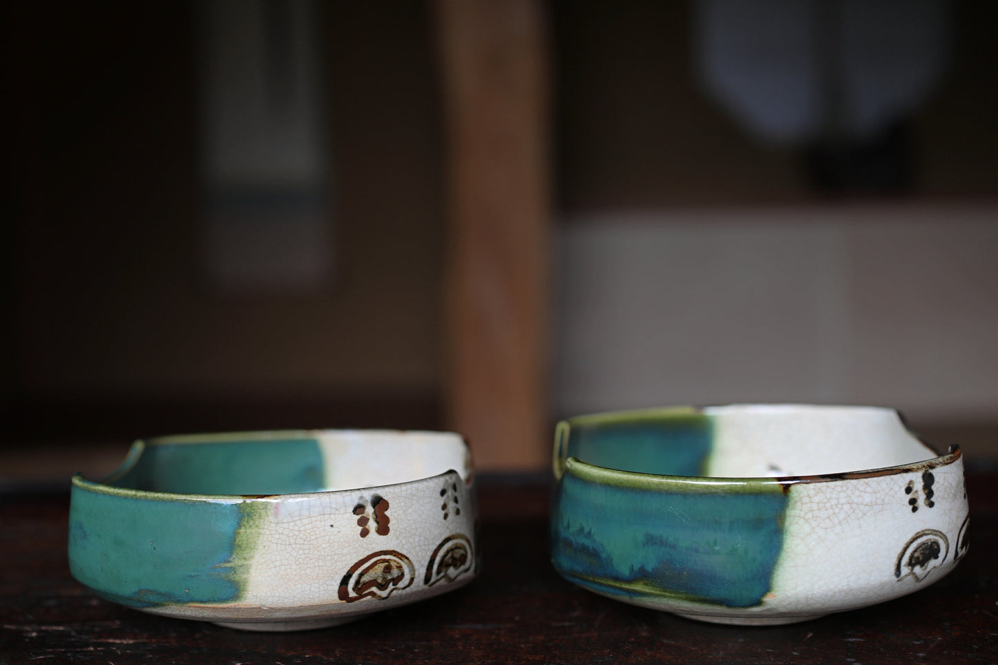 Oribe Ceramic Bowls - Japanese Antique Tableware Pair with Phoenix Design, 1930s Mukozuke Dish