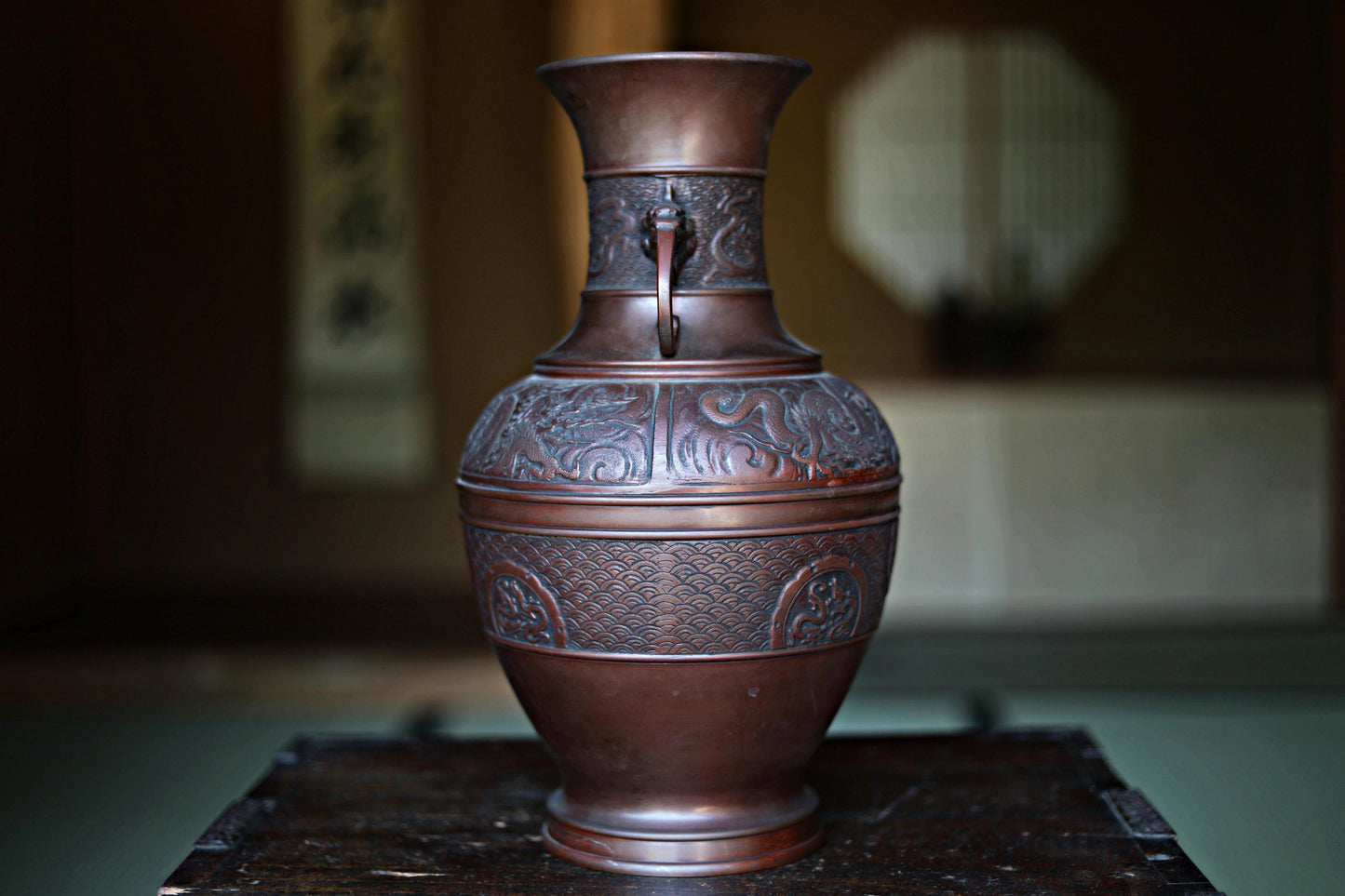 Japanese Bronze Vase – Vintage Dragon Phoenix Relief | Takaoka Copper Art 1950s