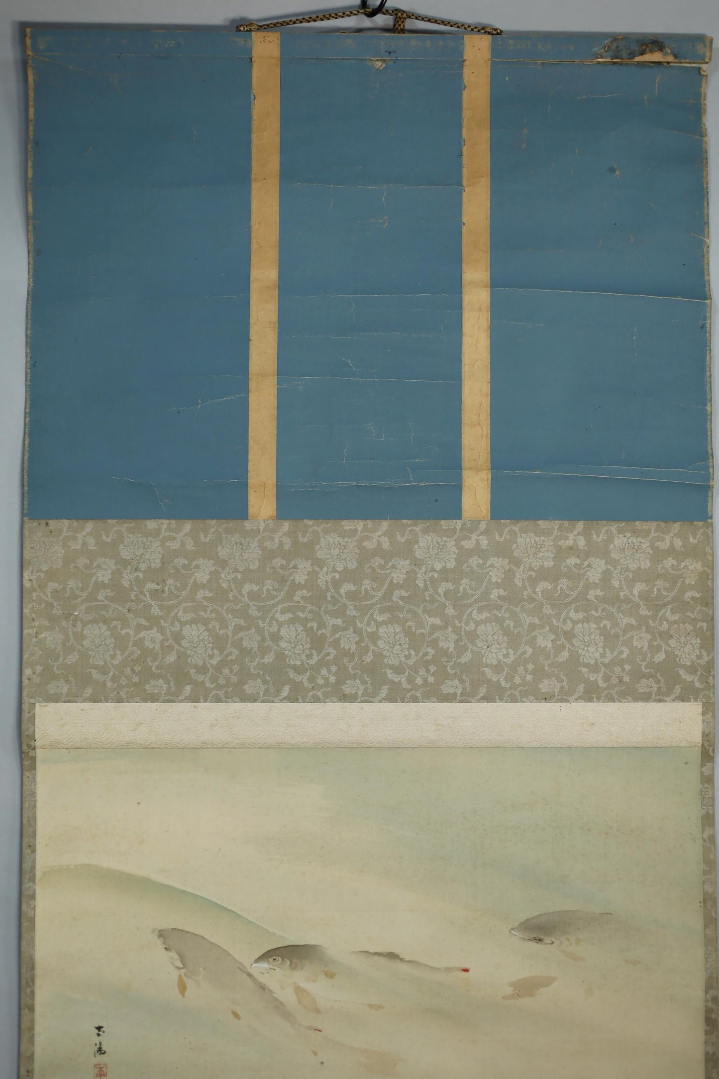 Japanese Watercolor Scroll - Antique Meiji Era Sweetfish Ayu Painting | Signed Kakejiku
