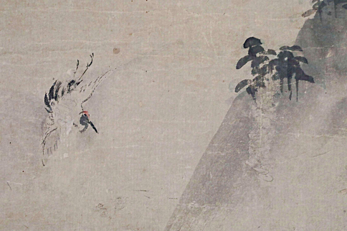 Japanese Antique Scroll - Edo Period Art Kakejiku with Crane and Turtle Ink Wash Painting