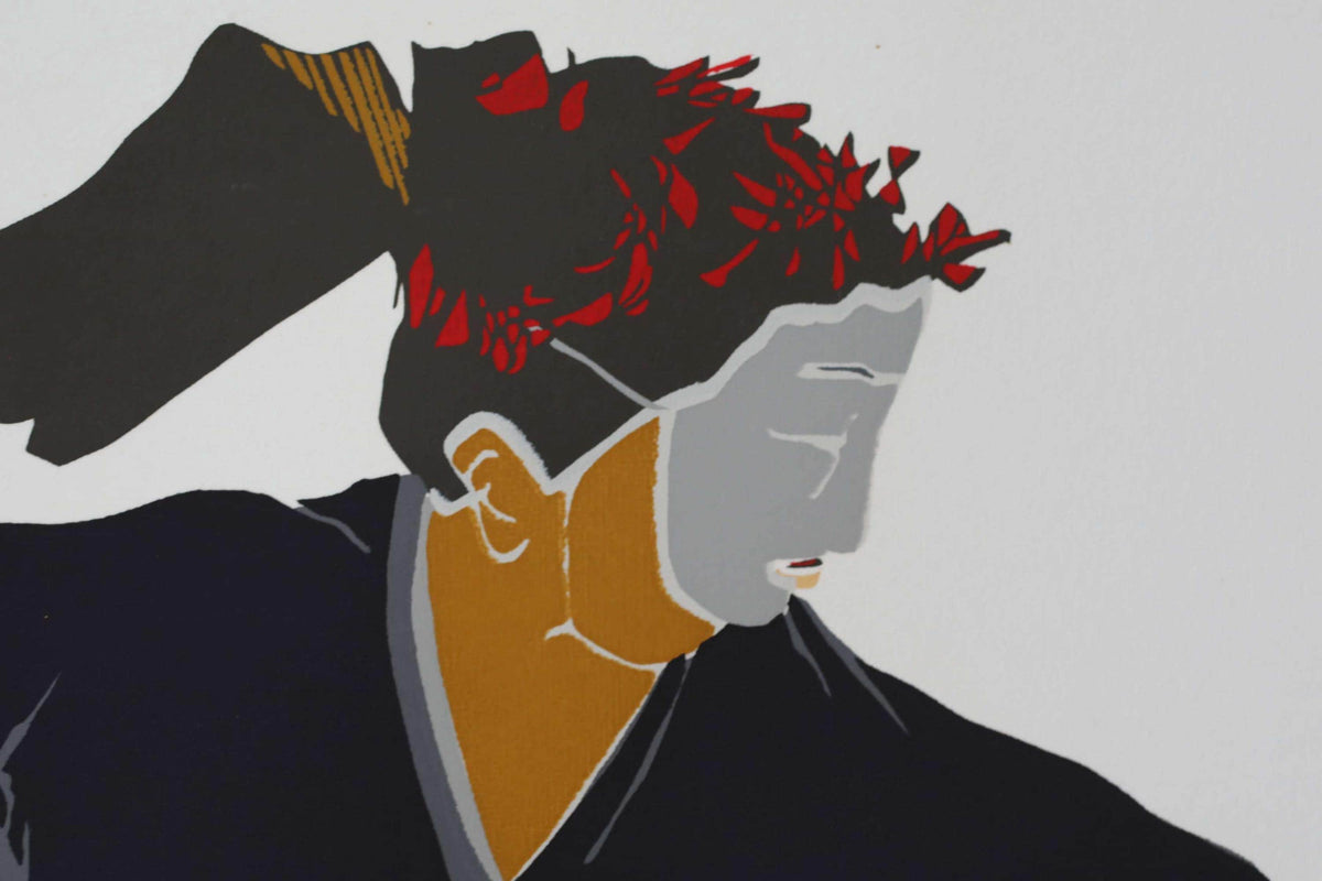 a stylized portrait of a person wearing a black outfit with red accents, including a headpiece with red flowers.