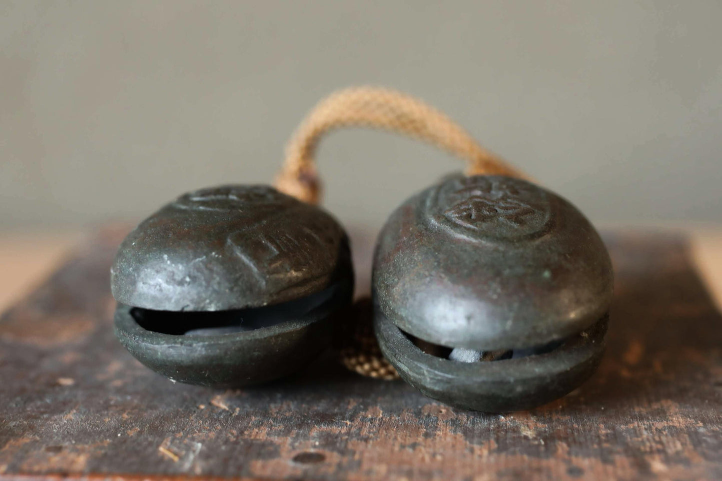 Japanese Bronze Bells - Vintage Bronze Bell Pair with Kanji Suzu for Entryway Display