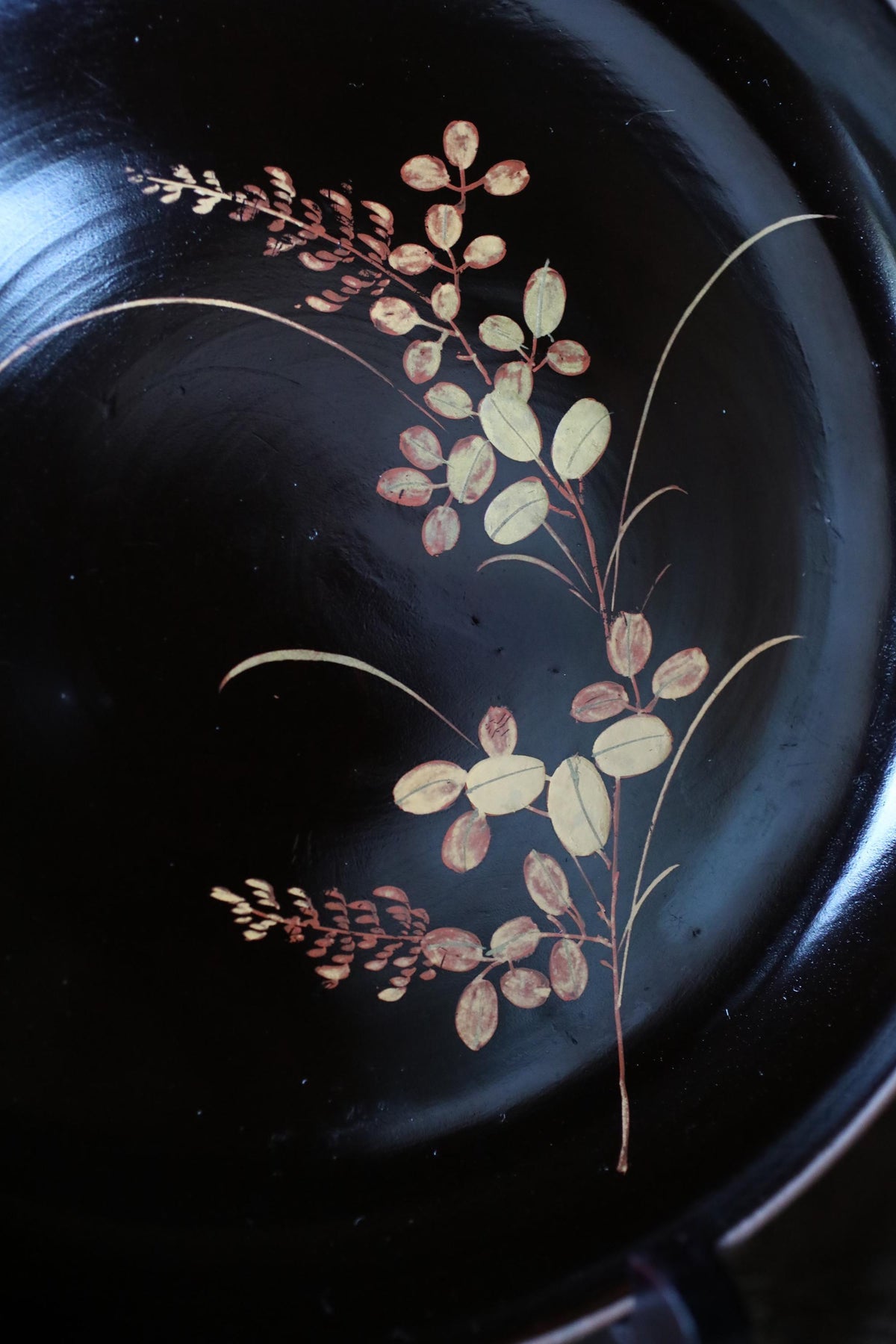 a close-up view of a black plate with a decorative floral design on it.