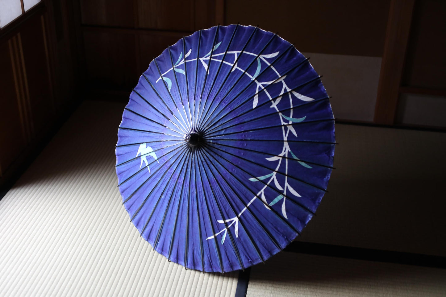 Japanese Vintage wagasa Umbrella: Swallows and Willows Indigo Paper & Bamboo Kimono