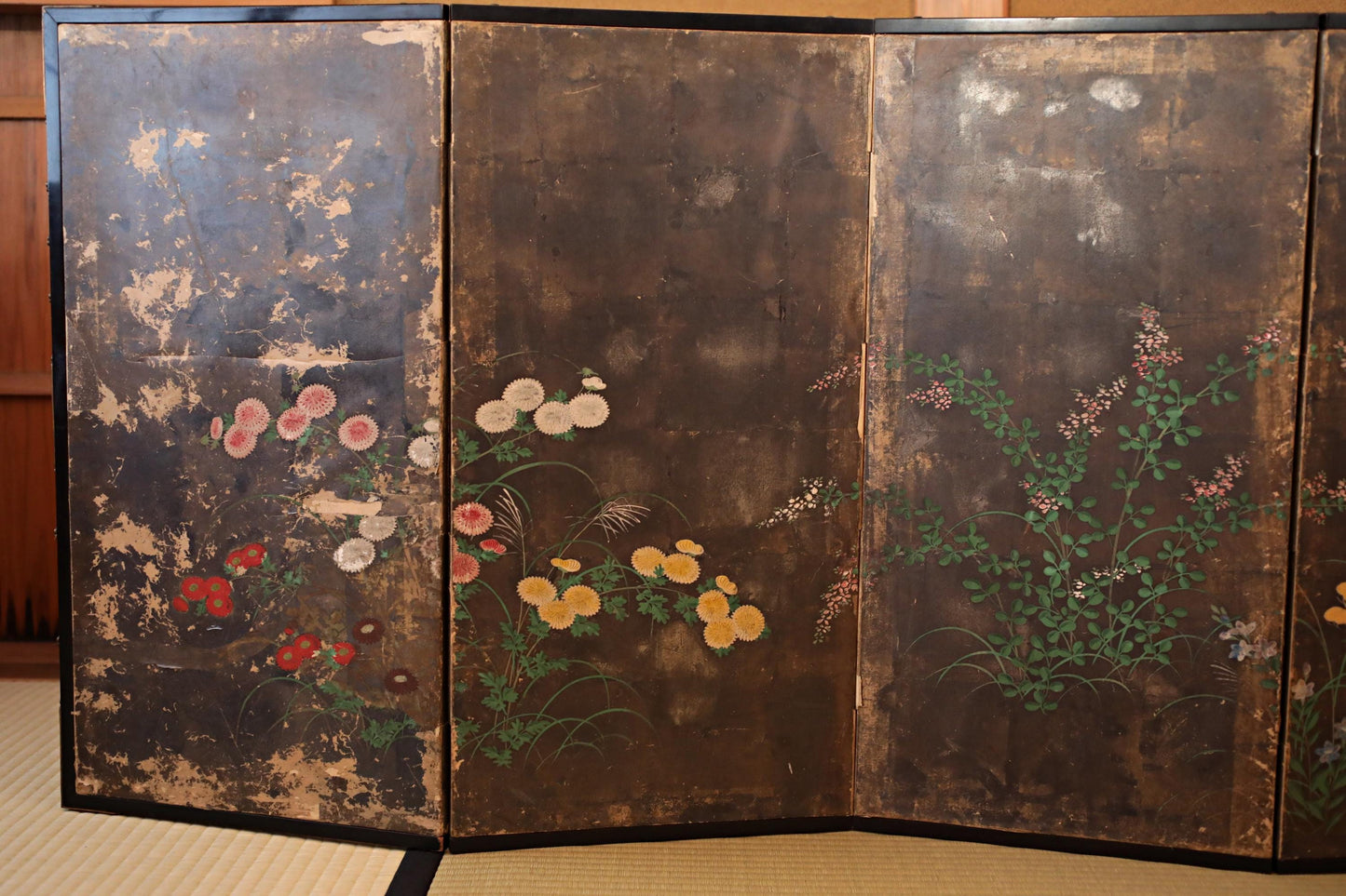Japanese Antique Byobu Folding Screen - Tale of Genji Art, Gold & Silver Leaf, 17th Century Paravent