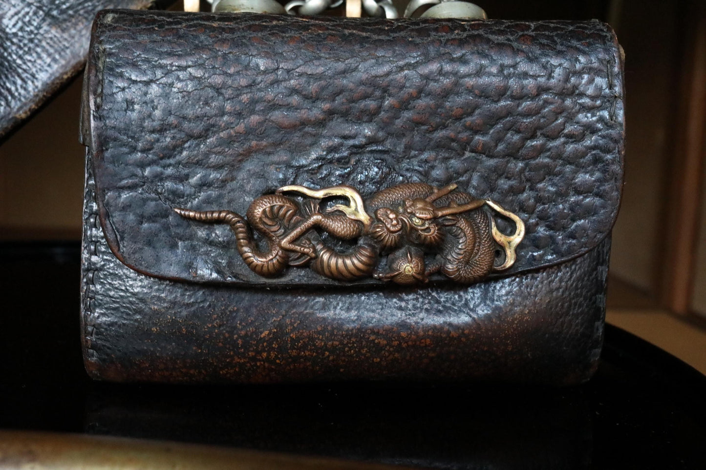 Japanese Antique Kiseru Pipe - Rare Edo Period Brass & Silver Tobacco Pipe With Dragon Engraved Leather Case