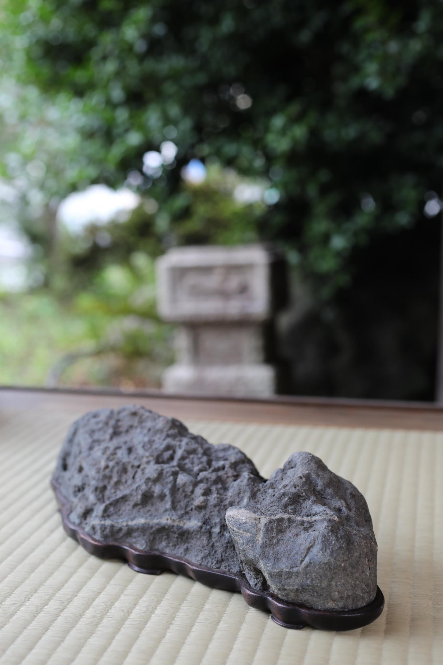 A large gray rock sits on a wooden base, with a blurred natural background featuring trees and foliage.