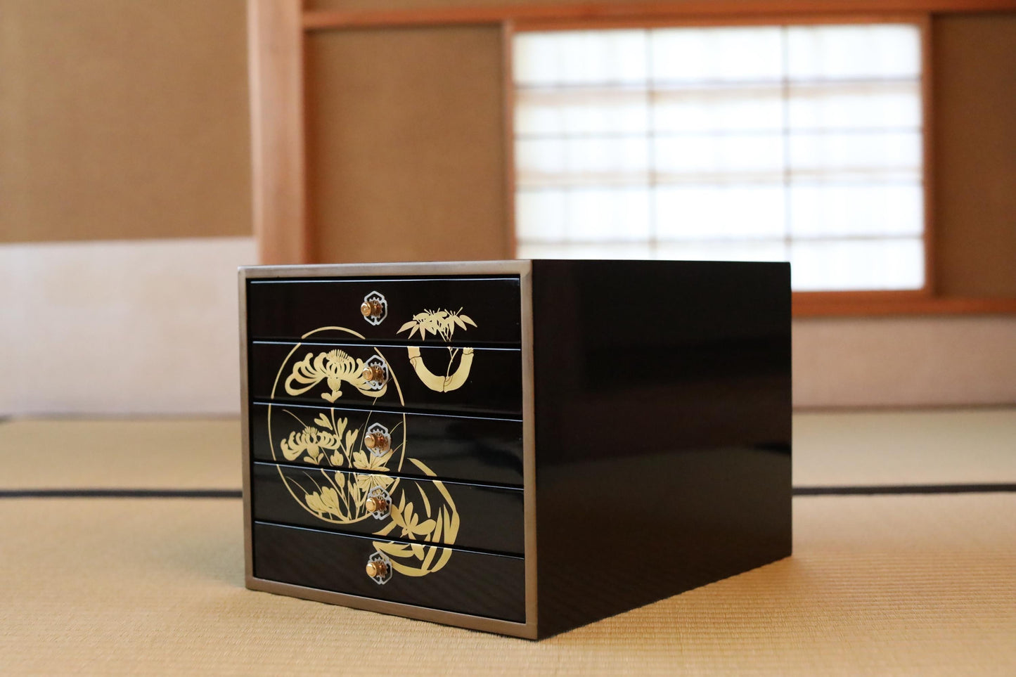 Vintage Tansu Chest - Black Lacquer Chest With Gold Makie Design | Five Drawer Japanese Antique Furniture