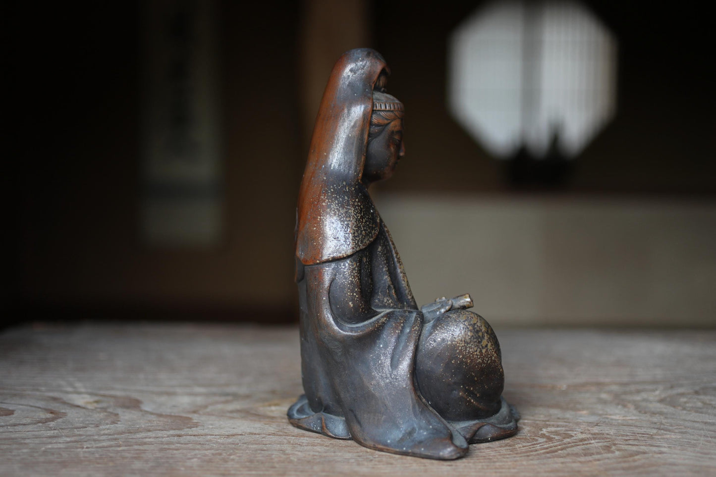 Antique Bizen Kannon Statue – 1800s Japanese Ceramic Figurine With Wooden Box Gift