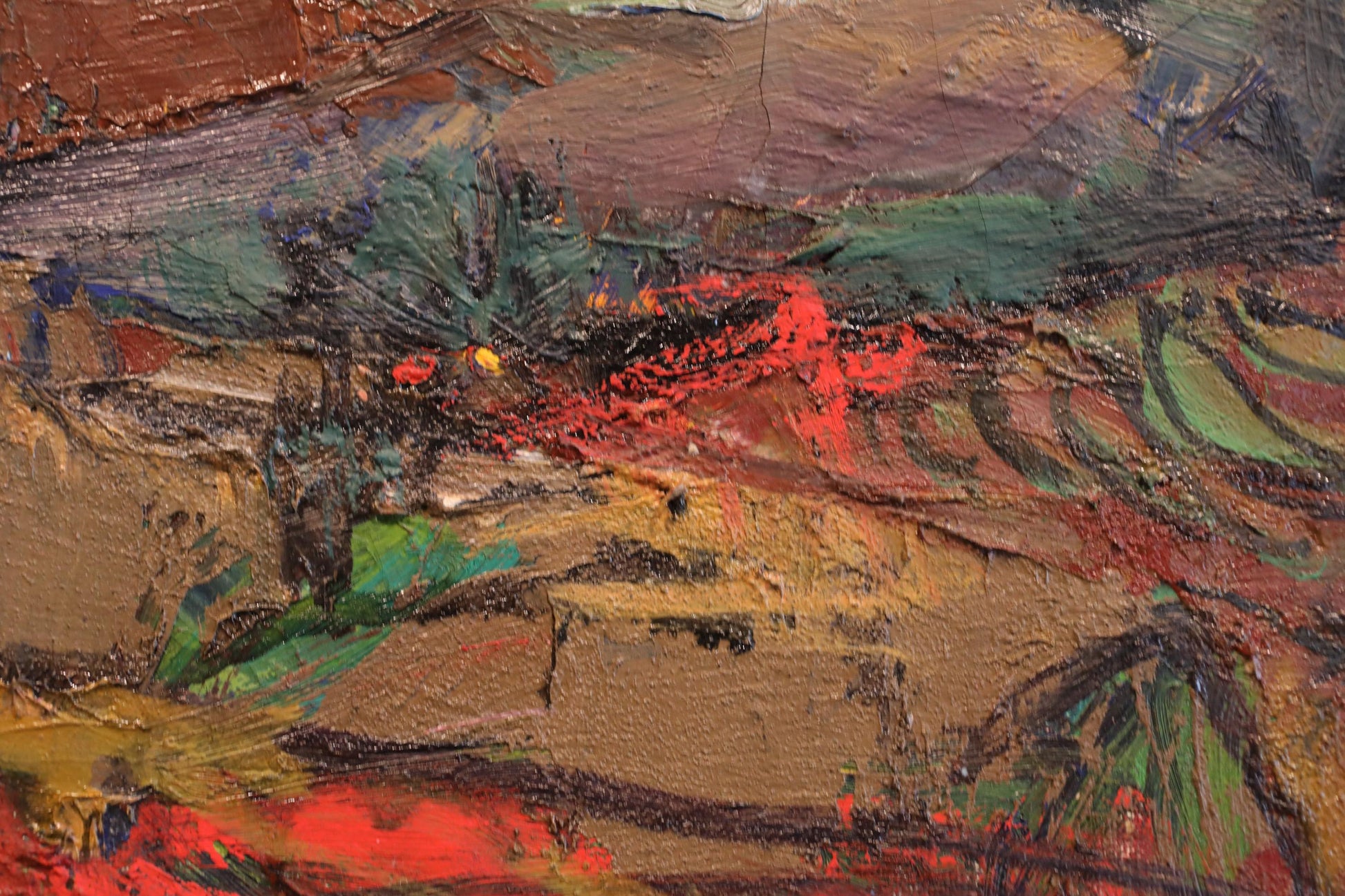 The image is an abstract painting with a mix of warm and cool colors, featuring bold brushstrokes and a sense of movement and energy.