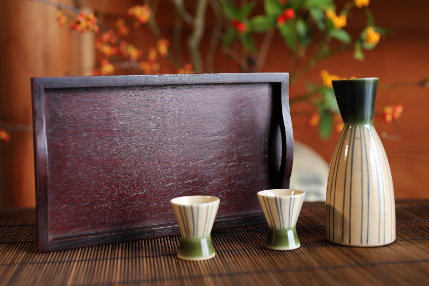 Oribe Vintage Sake Set - Signed Ceramic Tokkuri Bottle with Wooden Tray
