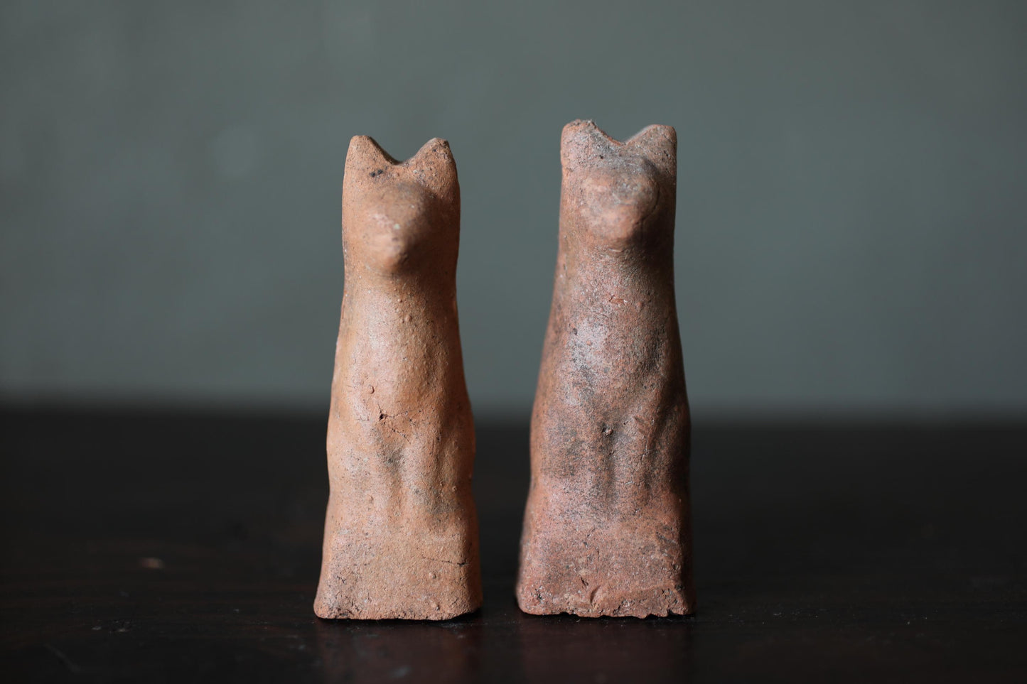 Japanese Antiques KITSUNE Dolls, Imado-yaki Pottery Pair (H3.7in)