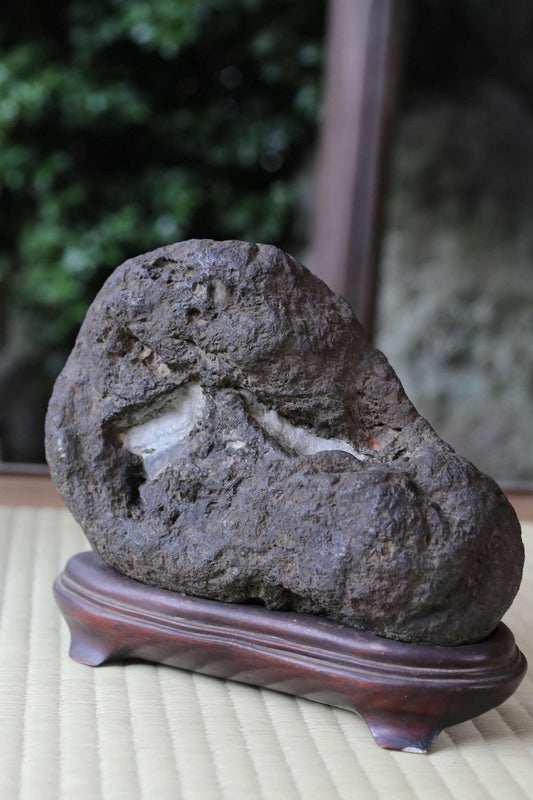 a large, dark rock with a hole in it, sitting on a wooden stand.