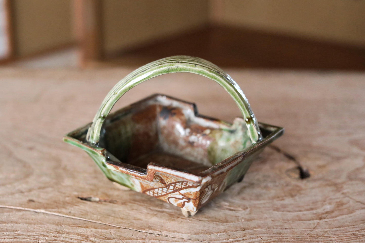 Oribe Ceramic Plate – Japanese Tea Dish with Handle | Antique Pottery Art