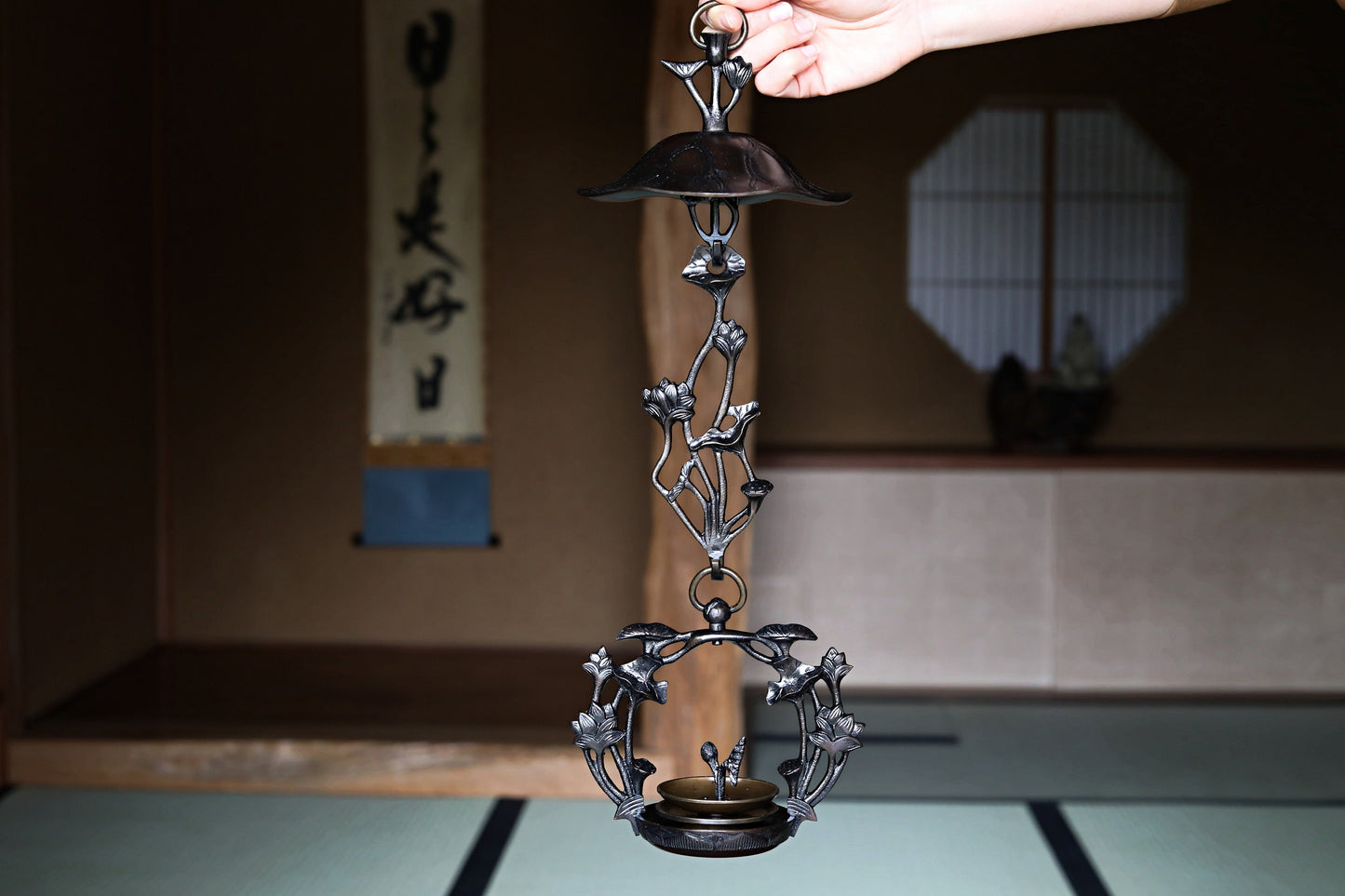 Japanese Bronze Lantern - Hanging Candle Holder Pair With Lotus Flower Candlestick