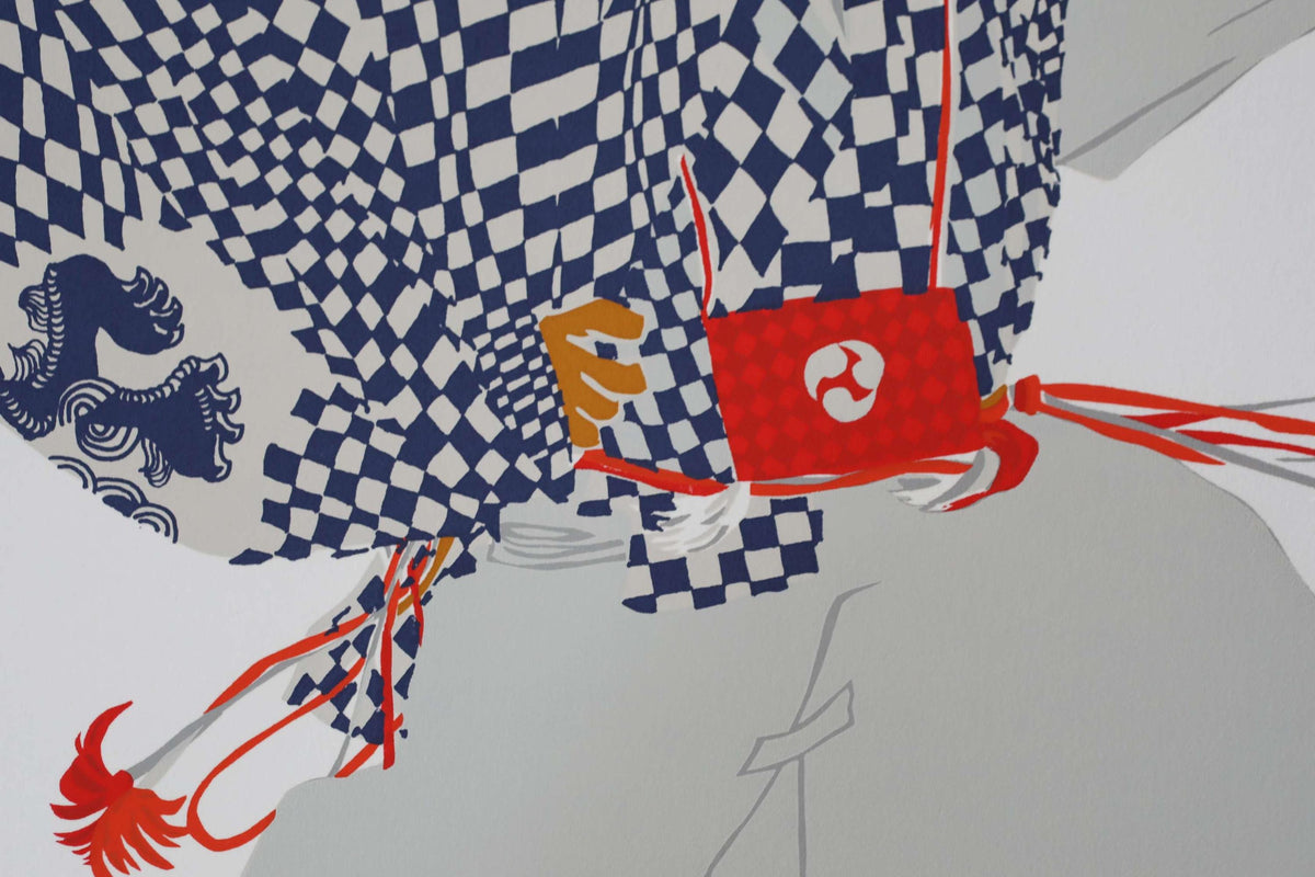 The image is a collage of various artistic elements, including a checkered pattern, a red and white object, and a stylized animal.
