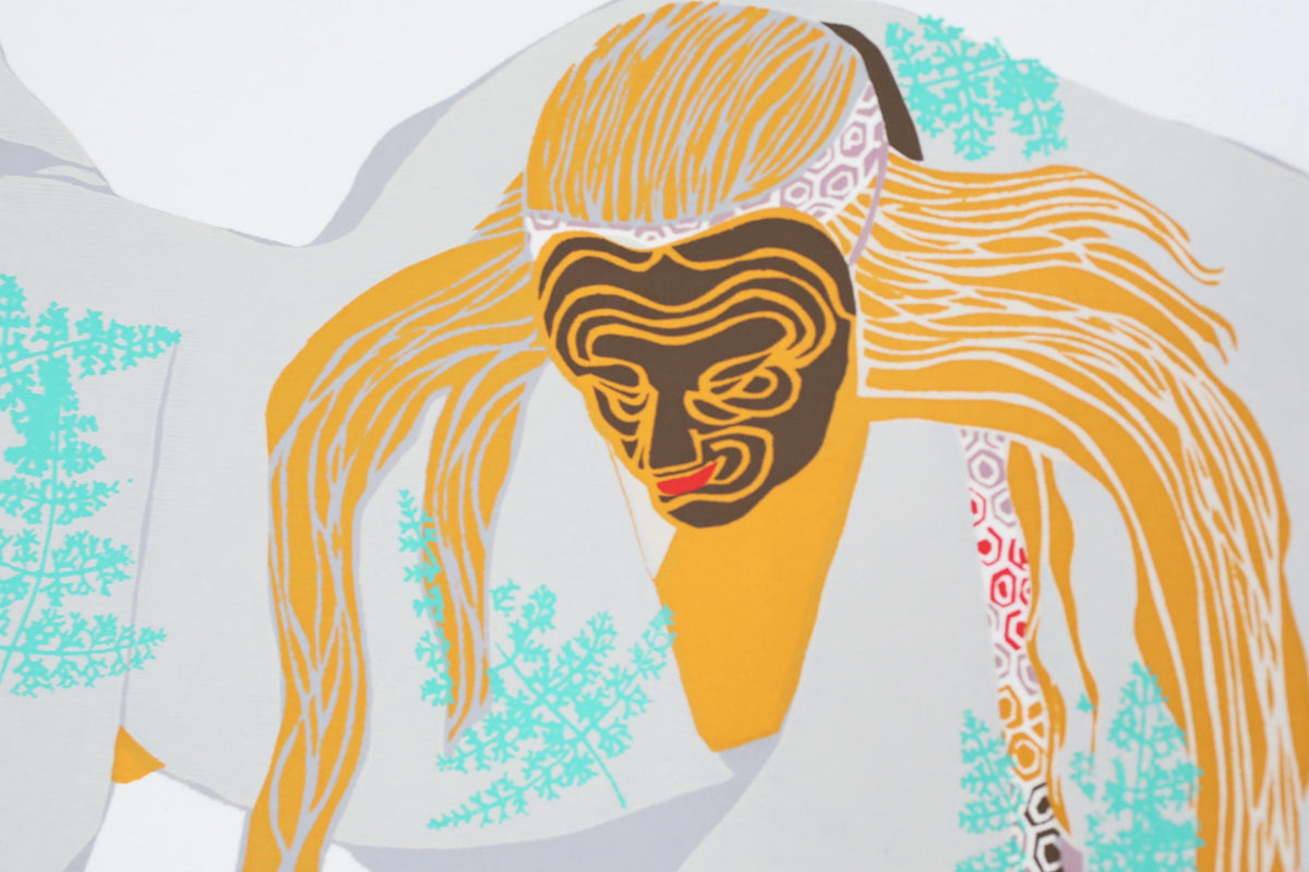 The image is a stylized illustration featuring a face with long, flowing hair and a mask-like design. The background is a light gray color with green and white floral patterns.