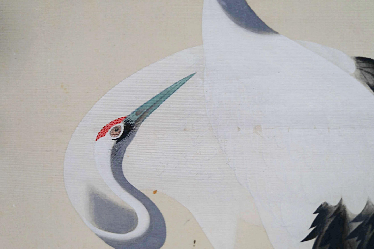 Japanese Hanging Scroll - Vintage Silk Mounted Painting of Pair of Cranes Artwork