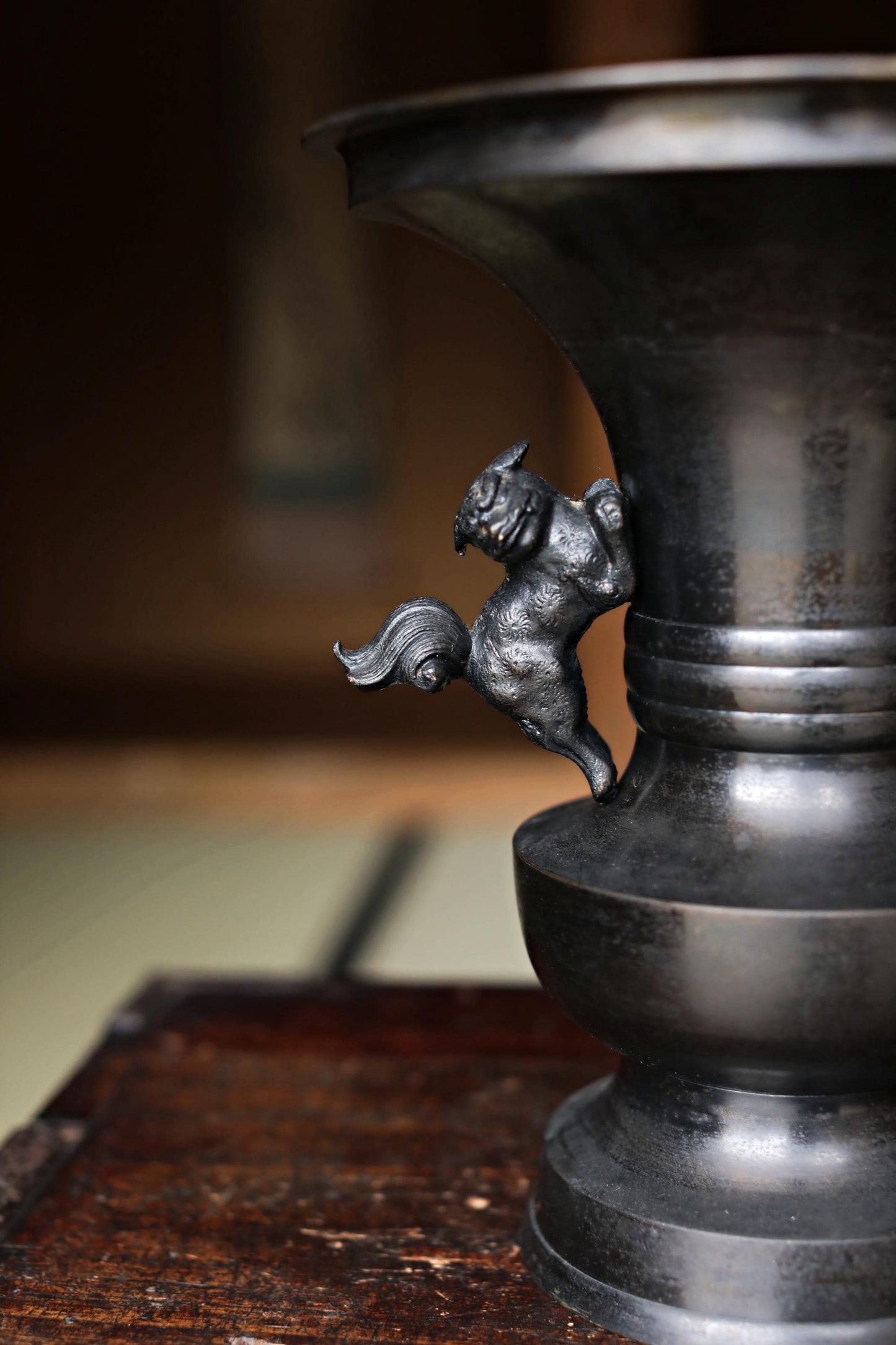 Vintage Japanese Bronze Vase – Large Ikebana Vessel with Shishi Lion Handles