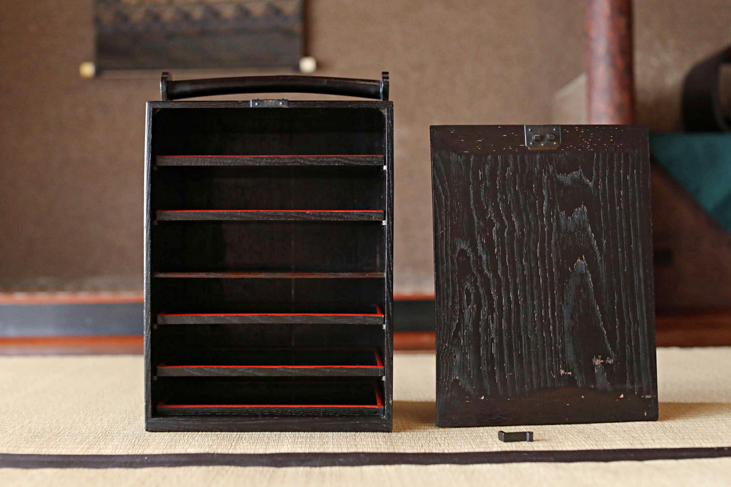 Japanese Lacquer Trays - Set of 5 Antique Wooden Trays with Black Obon Box