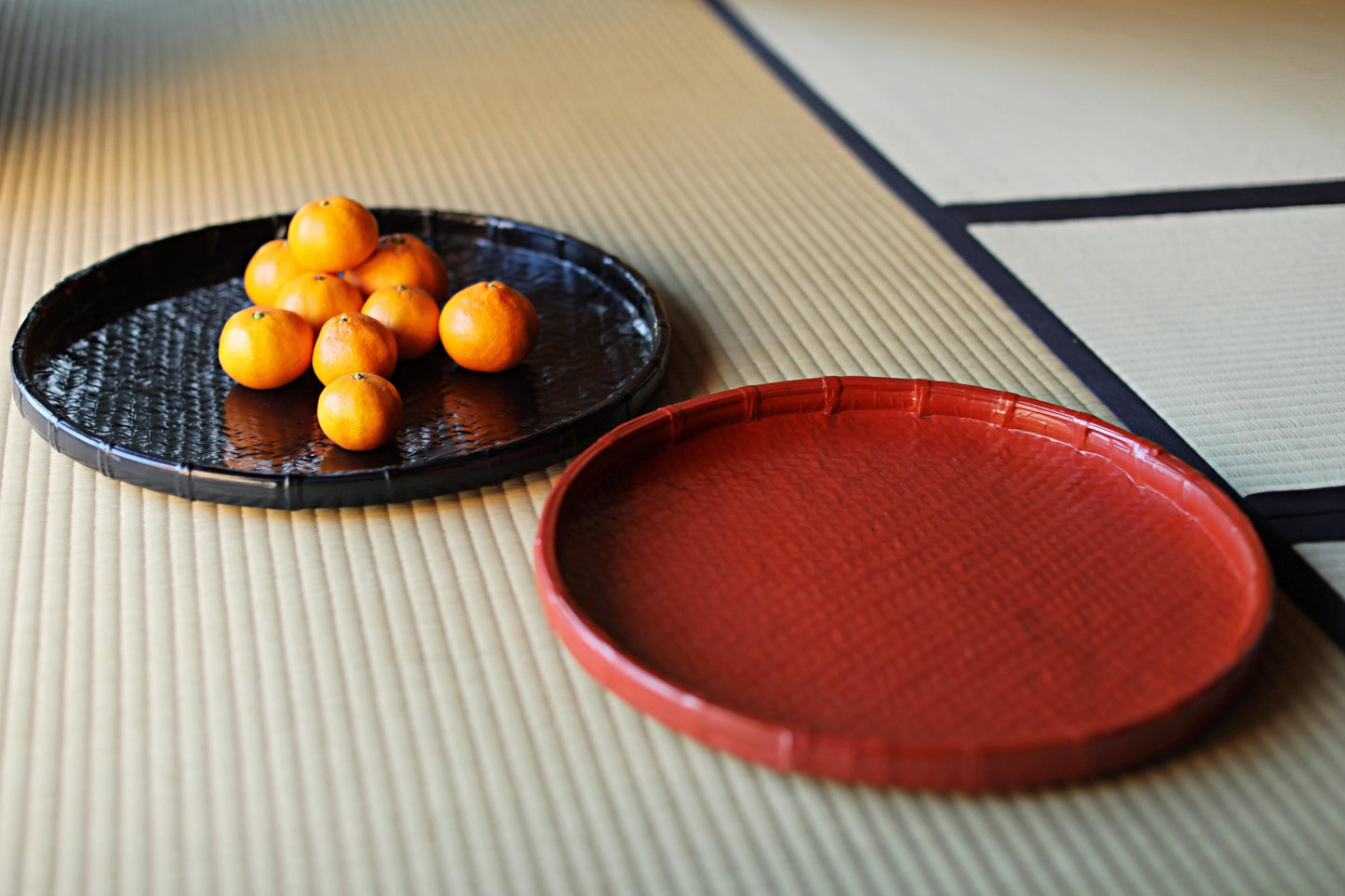 Vintage Bamboo Trays – Hand Woven Japanese Red Black Lacquer Stackable Pair