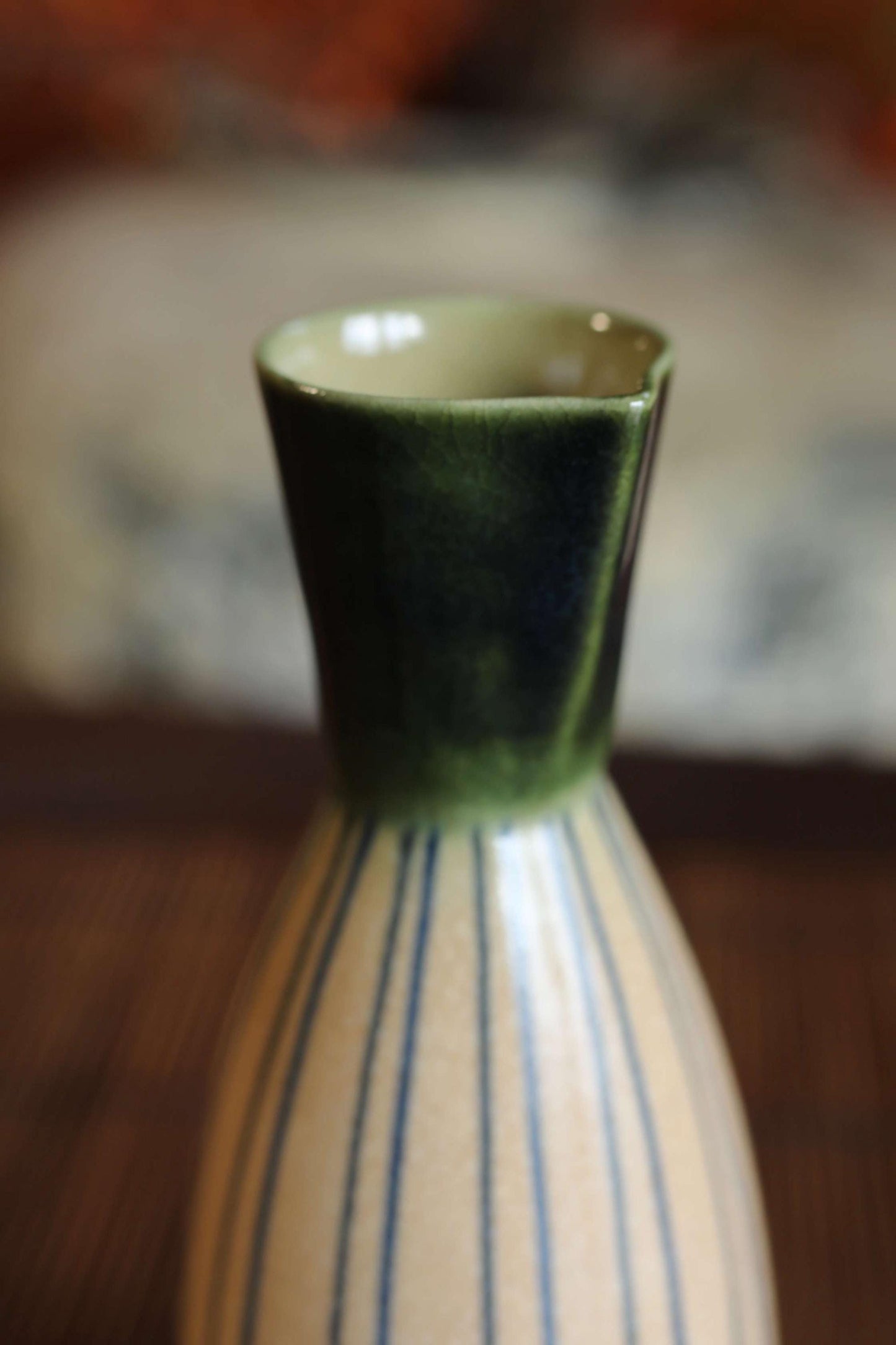 Oribe Vintage Sake Set - Signed Ceramic Tokkuri Bottle with Wooden Tray