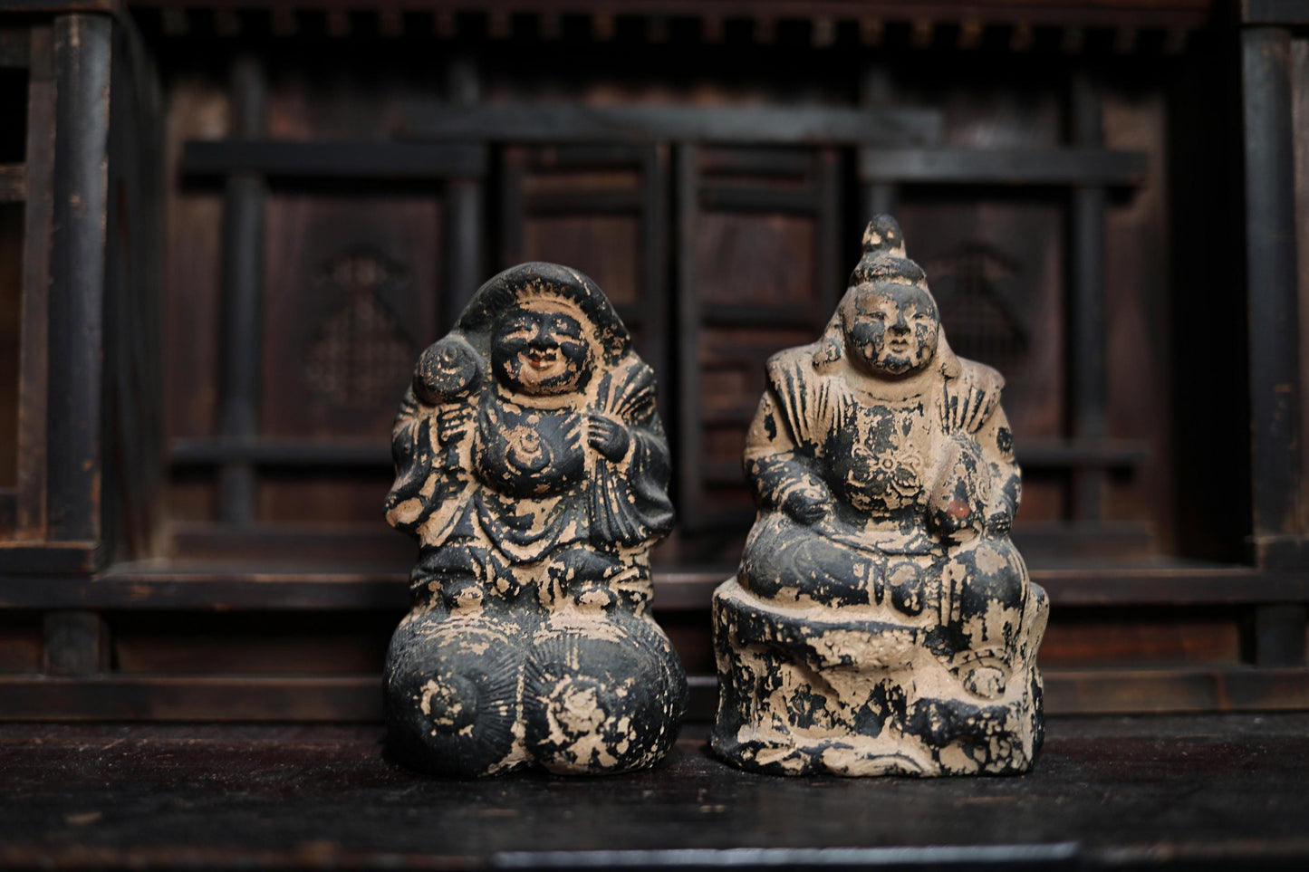 Japanese Zushi Cabinet Antique Kamidana Shelf – Shinto Shrine Altar With Ebisu And Daikoku Dolls